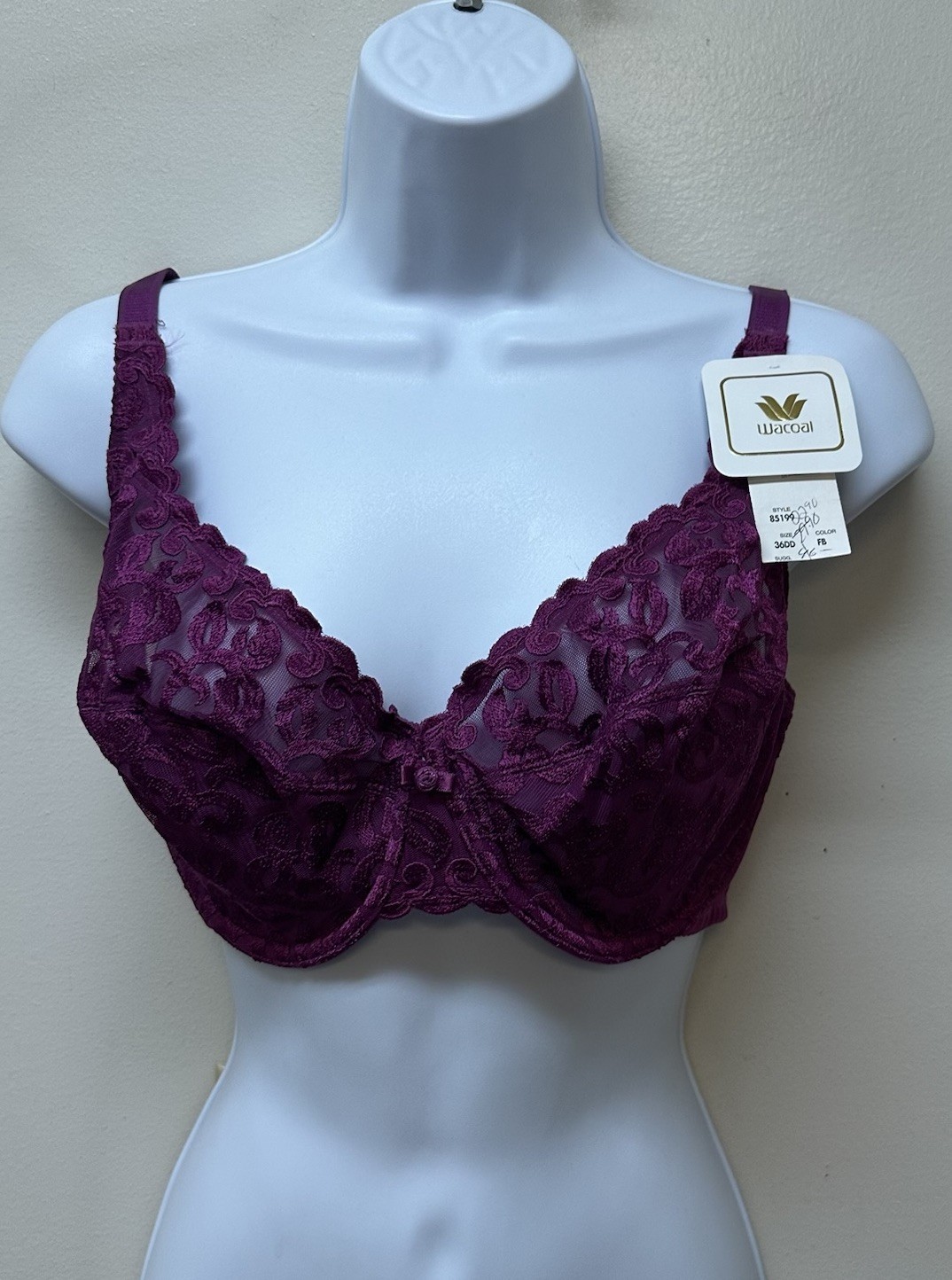 Vintage Wacoal Purple Lace Nylon Bullet Bra Size 36DD NEW NOS