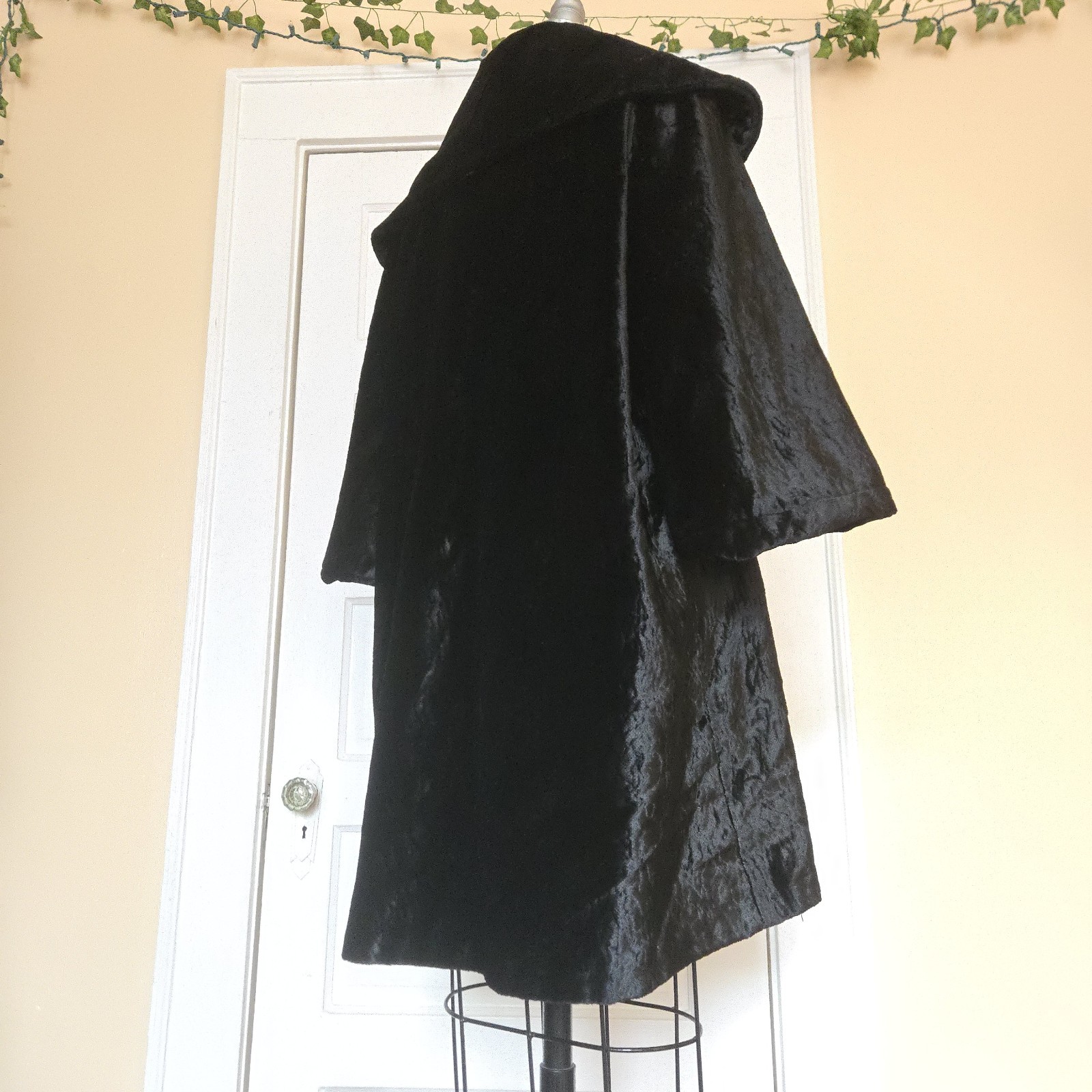 1960s Vintage Swing / Opera Coat Black Faux Fur ILGWU Union Made Double Breasted