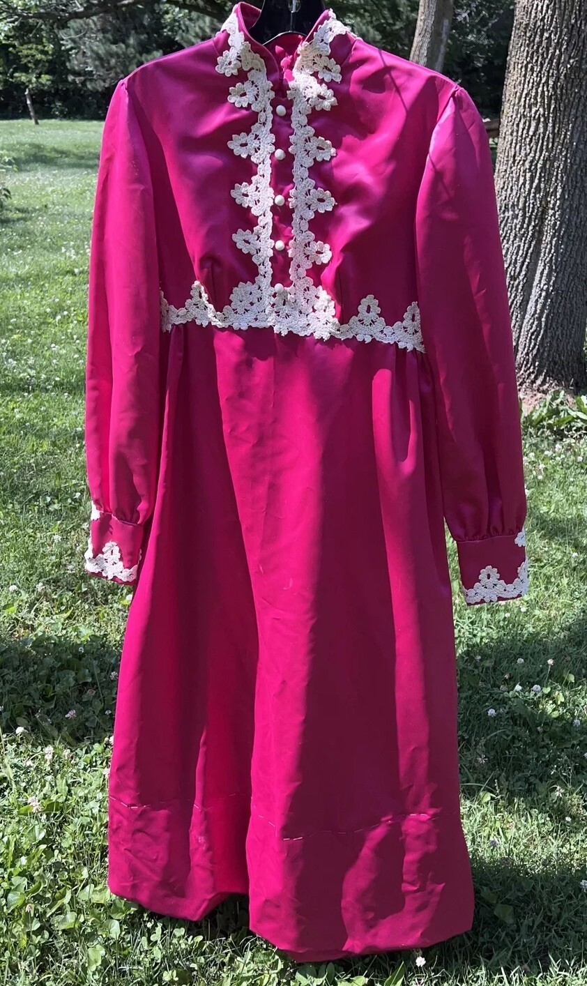 Small Vintage Cottage Core Prairie Long Hot Pink Dress, No Brand Laura Ingalls
