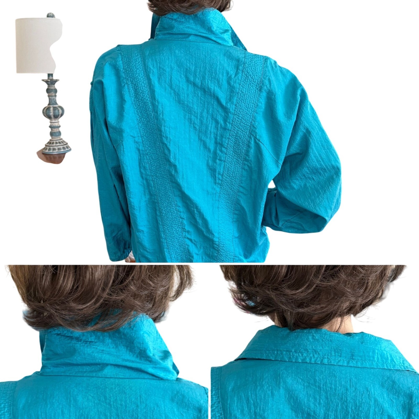 Vintage 1980s Teal Smocked Jacket Retro Sporty Chic Size L to XL