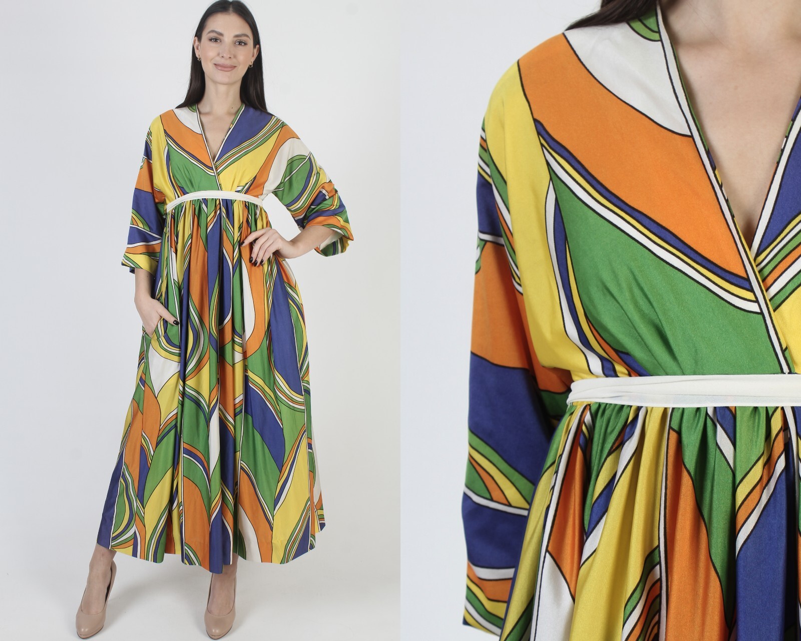Vintage Dominic Rompollo Designer Dress Striped Op Art Maxi Lounge Cocktail Maxi