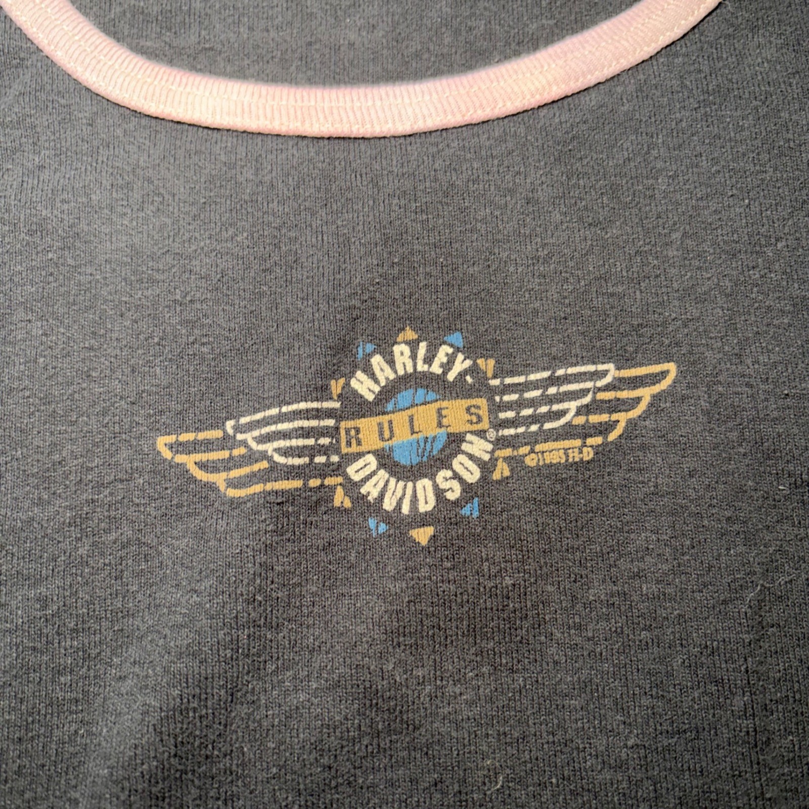 VTG 1995 Harley Davidson Rules Womens XL Baby Tee Houston TX Ringer Shirt USA