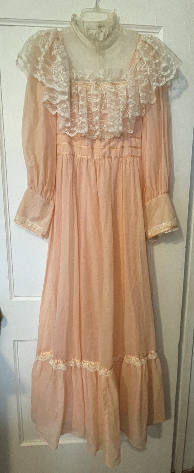 70s Candi Jones California Prairie Dress Maxi Small Peach Lace High Neck Long
