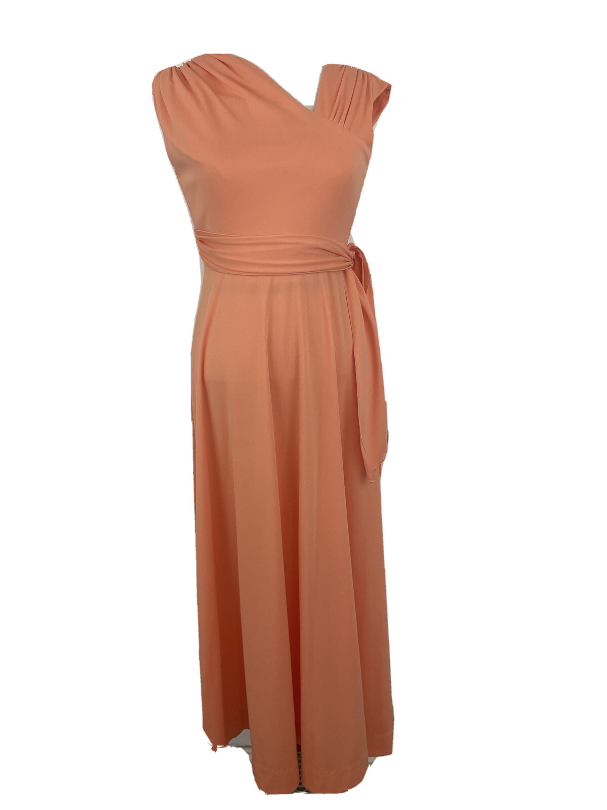 True Vintage 1950s Small DRESS Peach Long Prom Bridesmaid Poly Crepe Knit