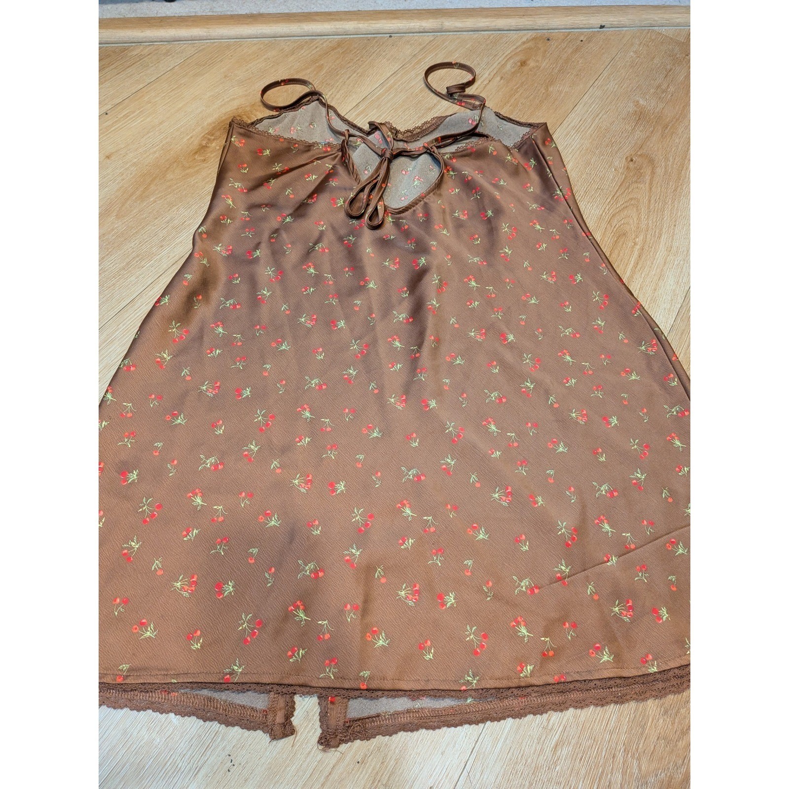 🍒 90s Style Cherry Print Babydoll Slip Dress Coquette Lace Trim Going Out Dress