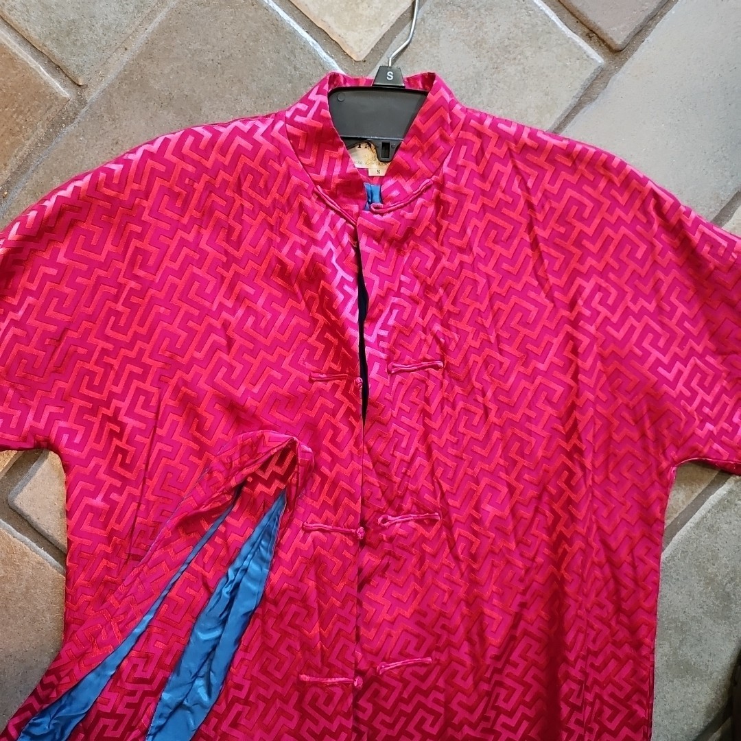 Vtg 40s/50s Dynasty Red/Pink Greek Key Blue Asian Robe Slit Sides Silk/Rayon S/M