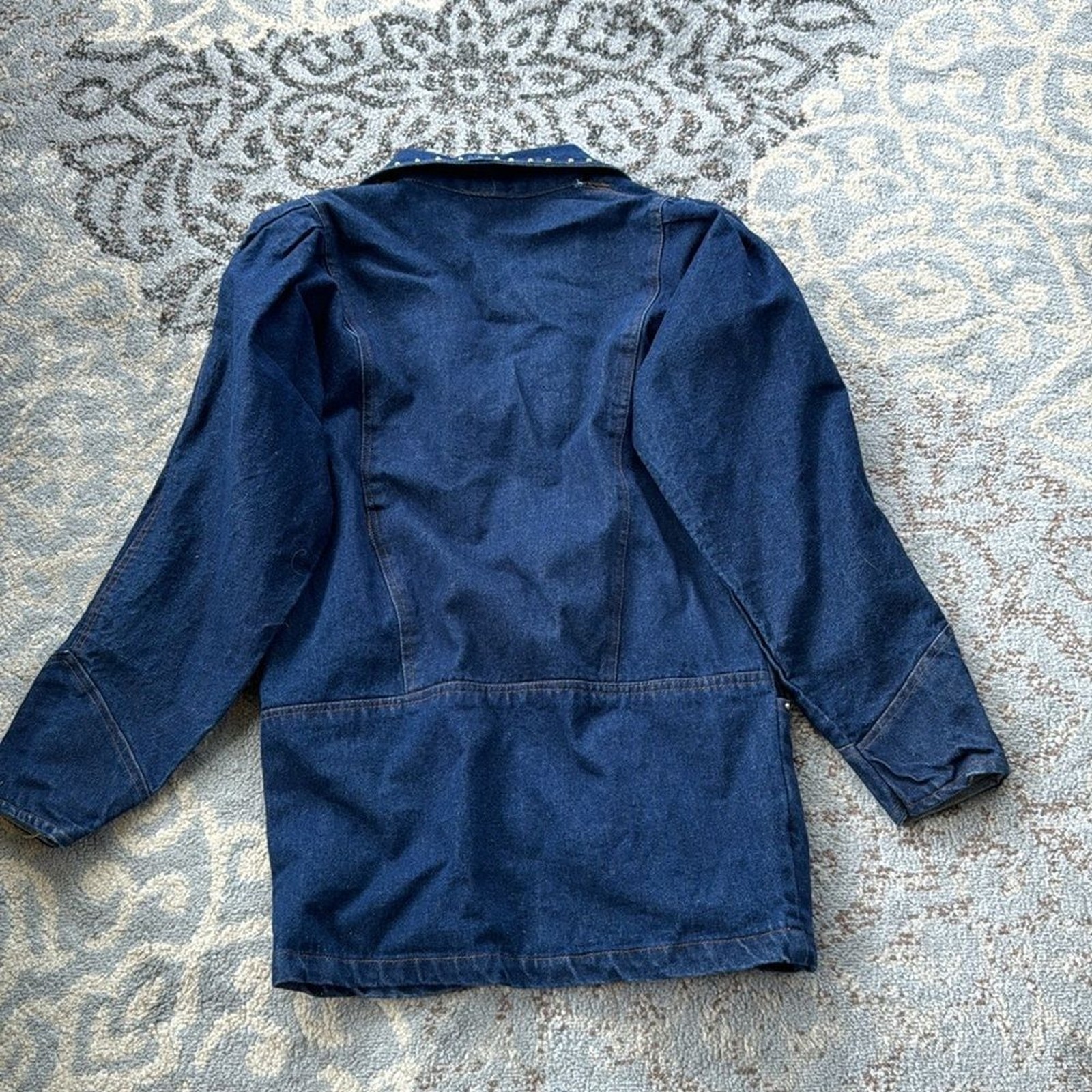 Vintage Pretty Bleu Denim Embroidered Studded Jacket Blue Large