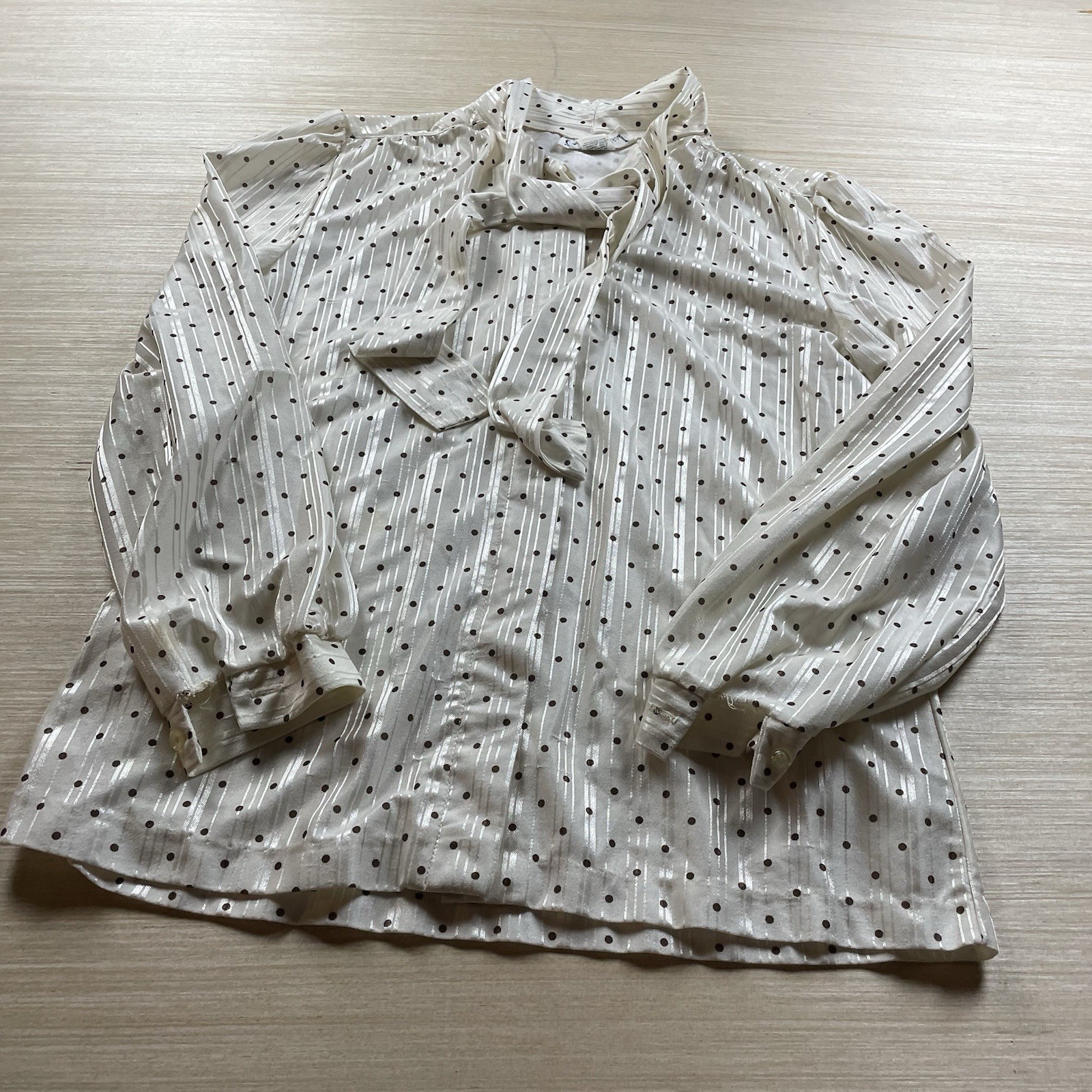 Vintage 70s 80s Neck Tie Secretary Blouse Polka Dot Size M Union Made