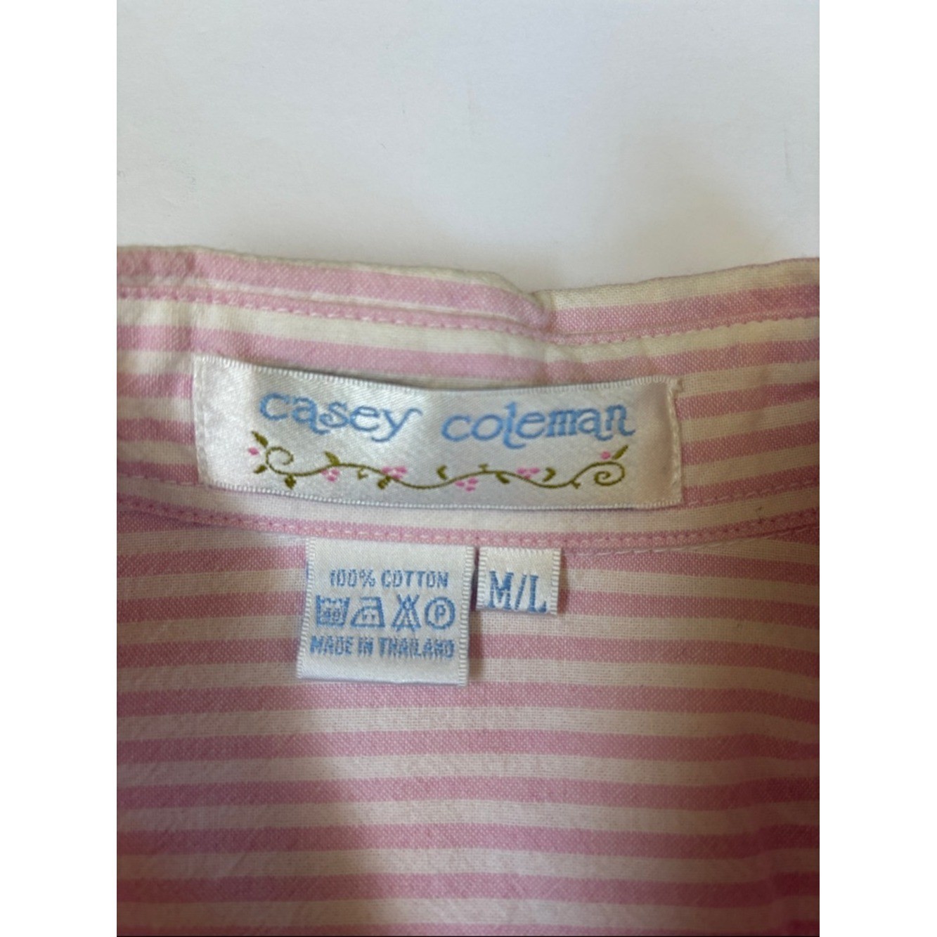 Vtg Casey Coleman Pink Striped Embroidered Floral Cottage Easter Shirt Women L