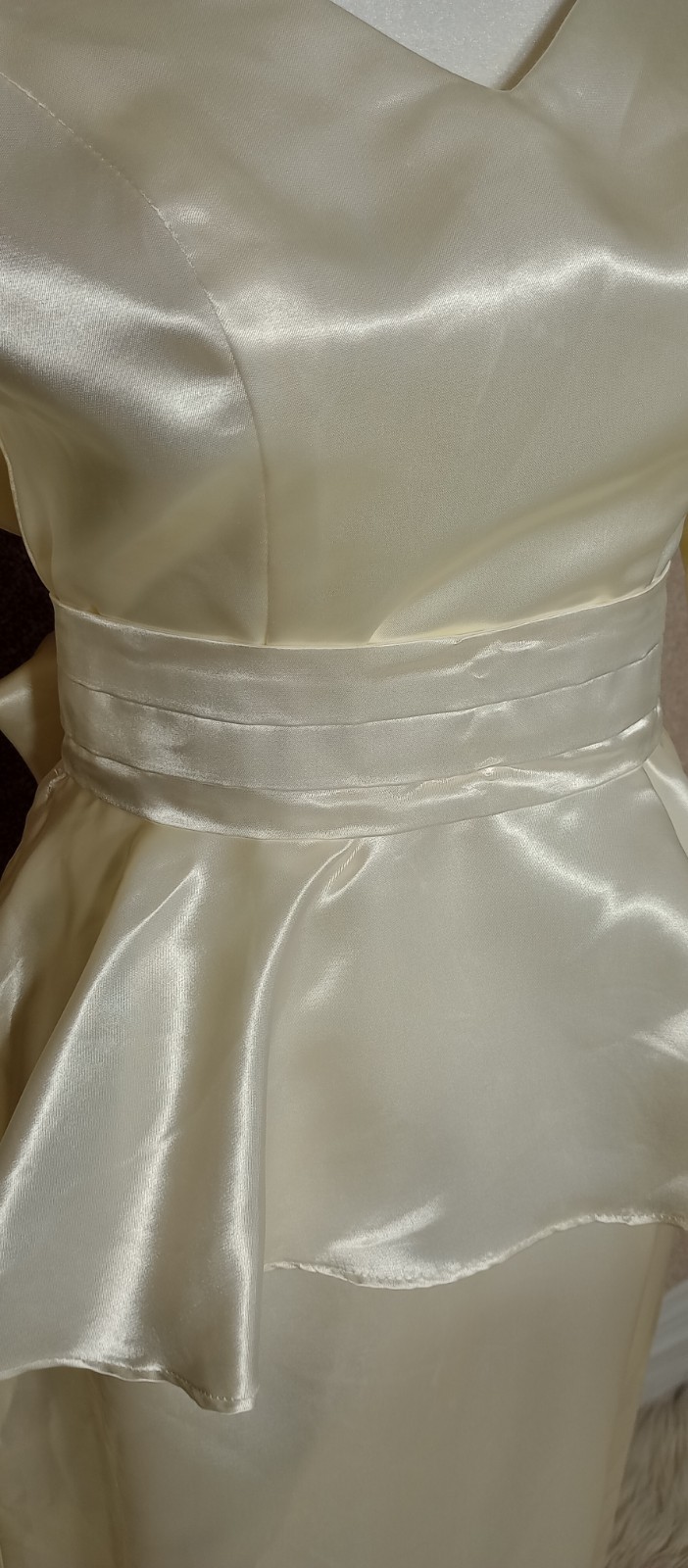 Vtg 80s Nu-Mode Satin Peplum Tea Length Wedding Dress Bow Open Back Size 5 / 6