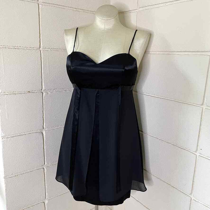 Vintage 90s Black Satin Babydoll Mini Dress Wrap Sleeveless Boulevard De Paris M