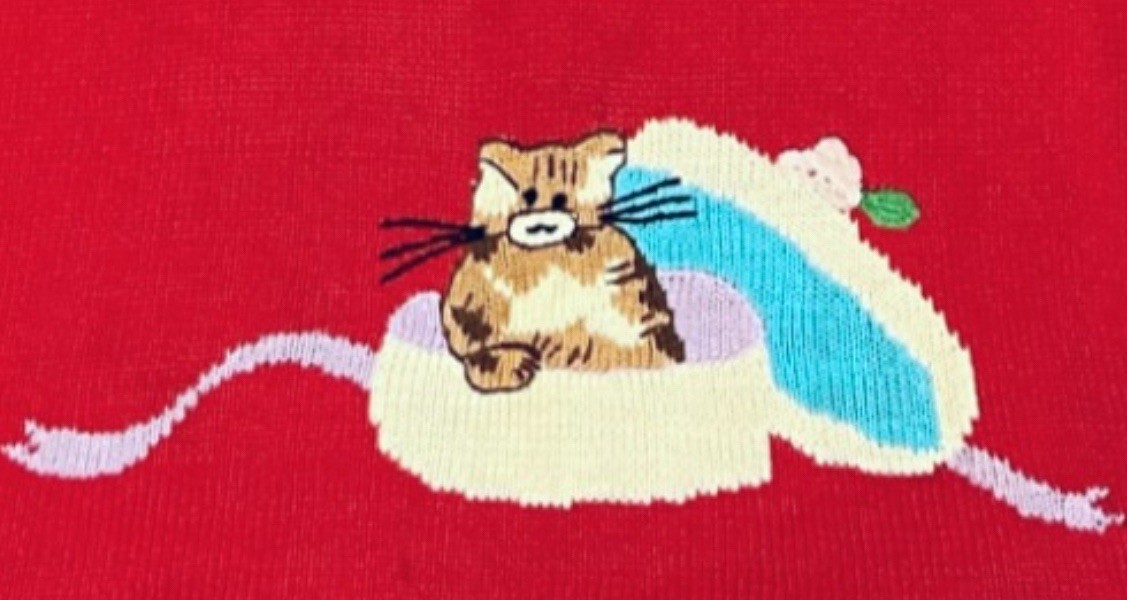 Vintage BEREK Cardigan Sweater XL Red Black Multi Hats Gloves Cat Kitty 80s/90s