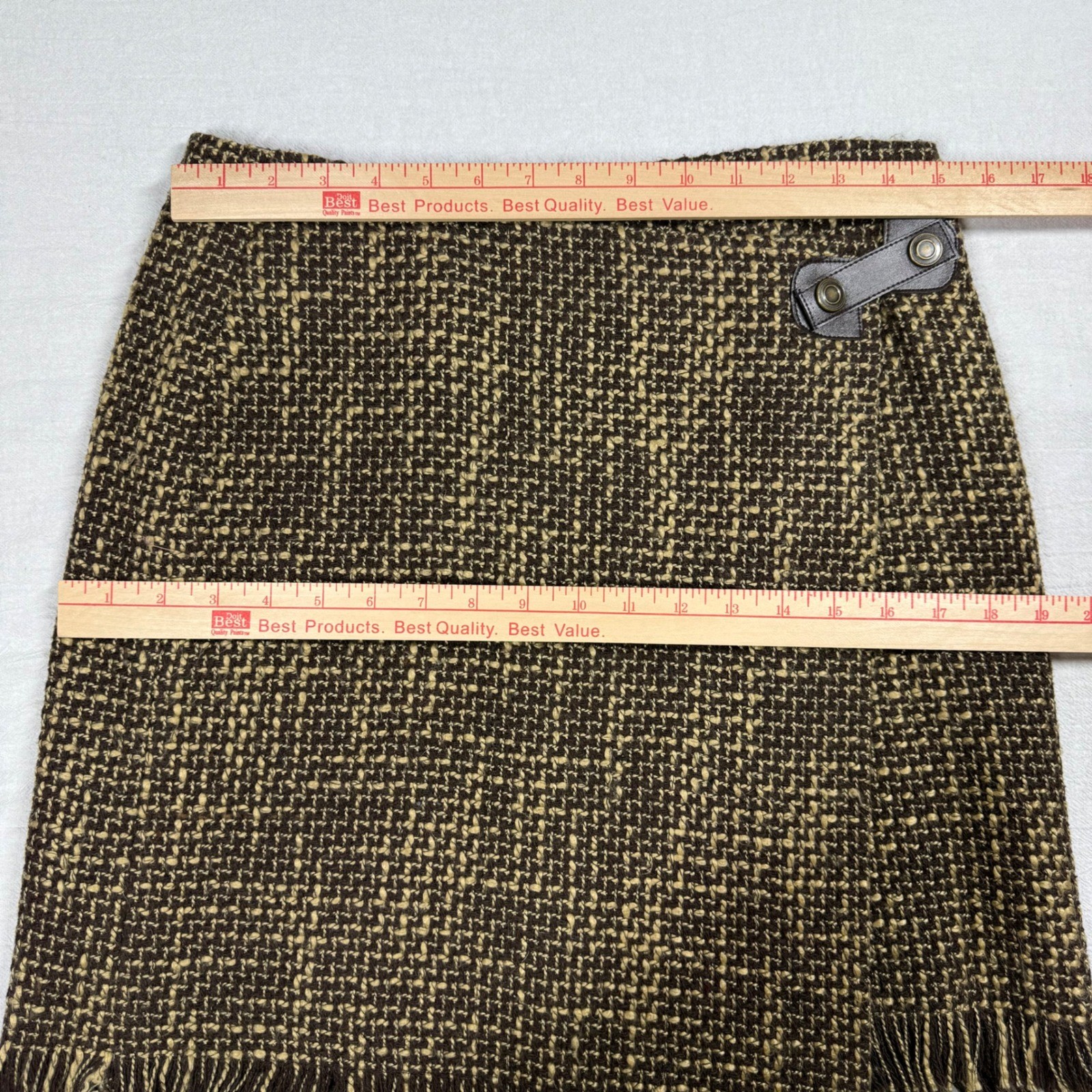 British Khaki Wool Blend Fringe Wrap Skirt Size 4 Brown Tweed Vintage Heritage