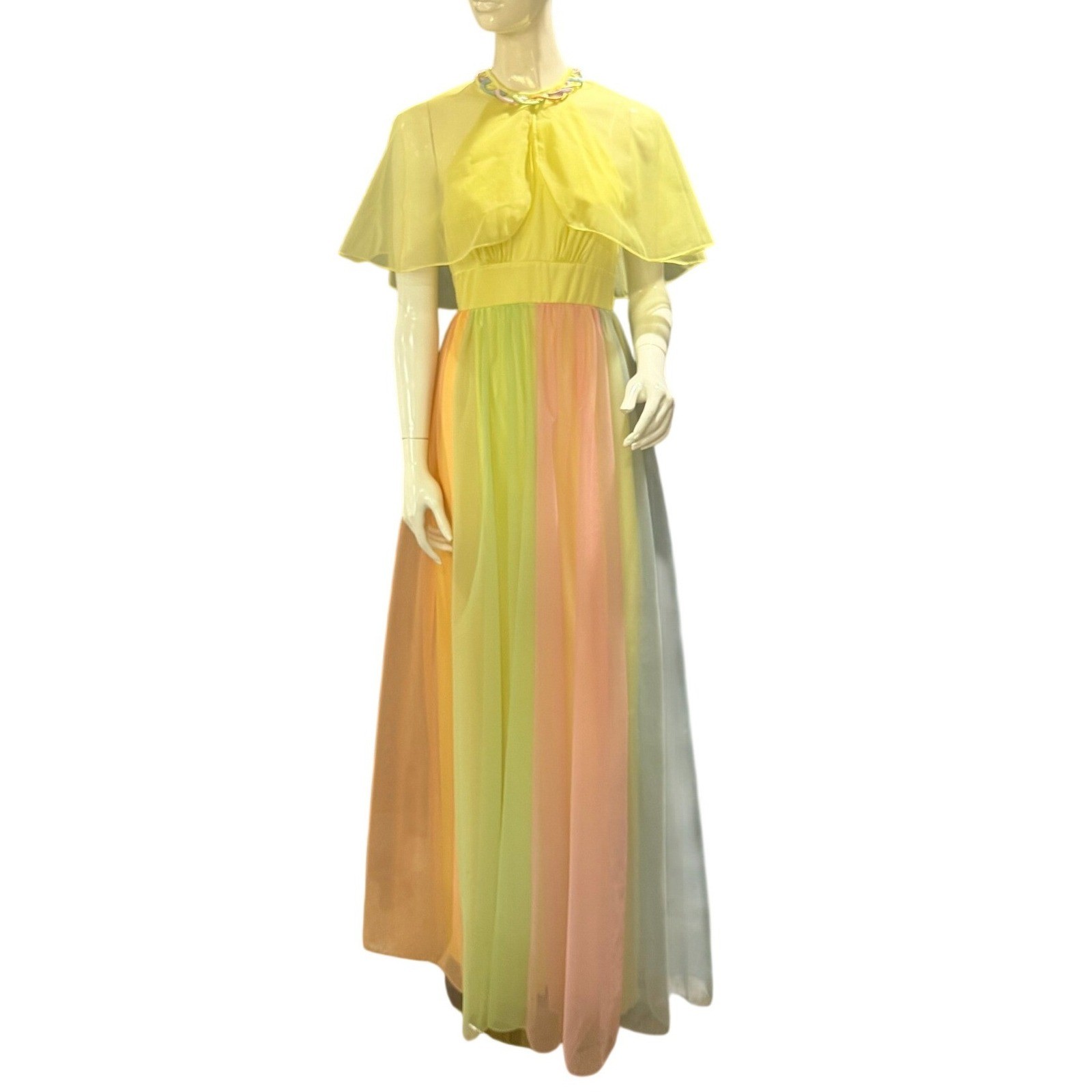 Vintage Pastel Chiffon Maxi Dress & Cape Set Yellow Rainbow Gown