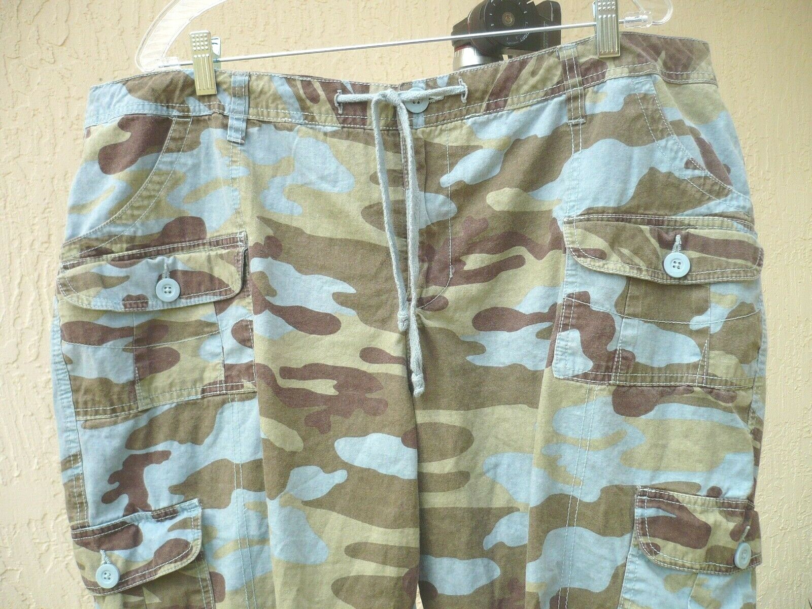 VTG 80S EARL JEAN WOMEN 1X XL L CAMOUFLAGE BLUE ARMY GREEN CROP CARGO CAMO PANTS