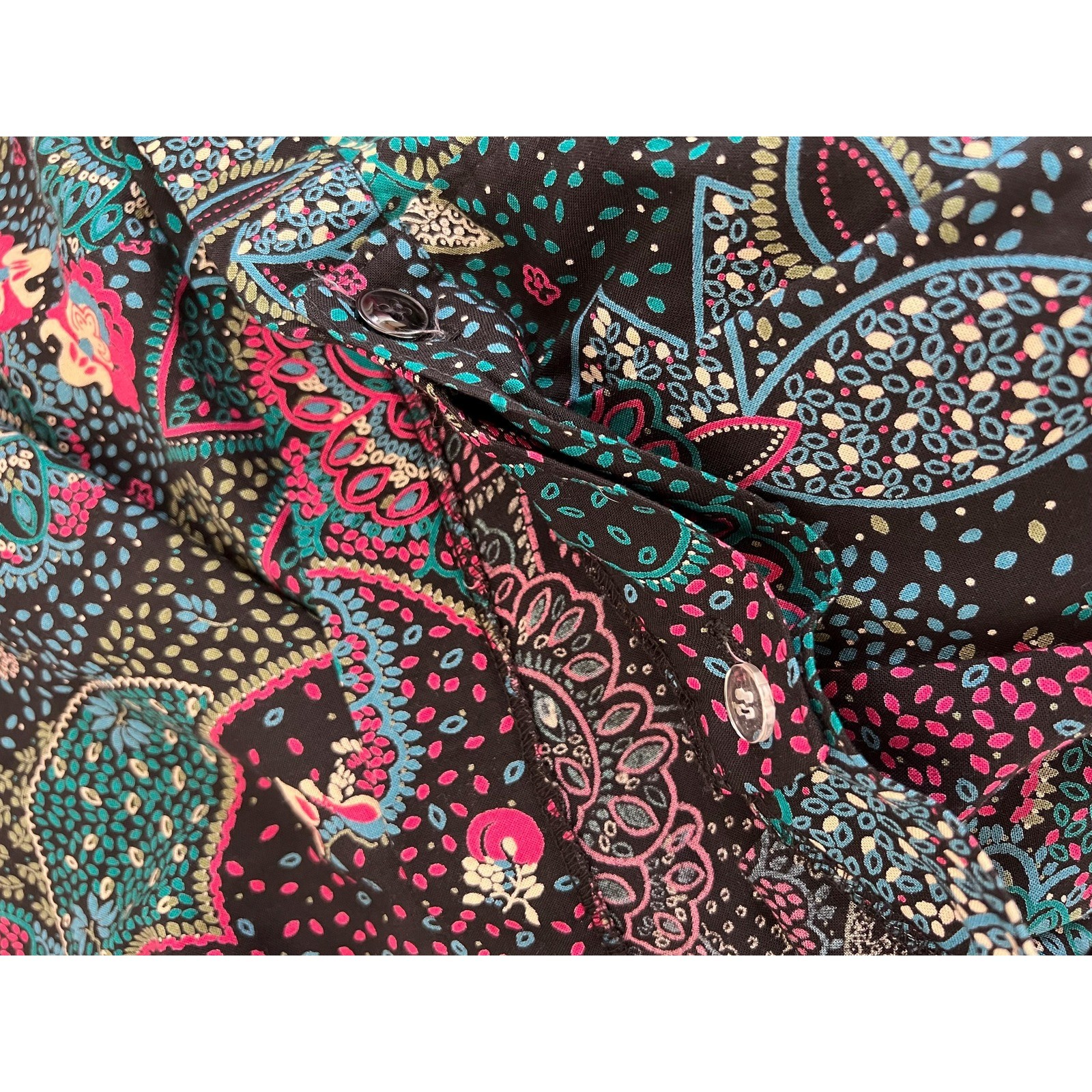 SIZE M/L Vintage 90s Midi Skirt Black Teal Pink Paisley Rayon Pockets Funky Boho