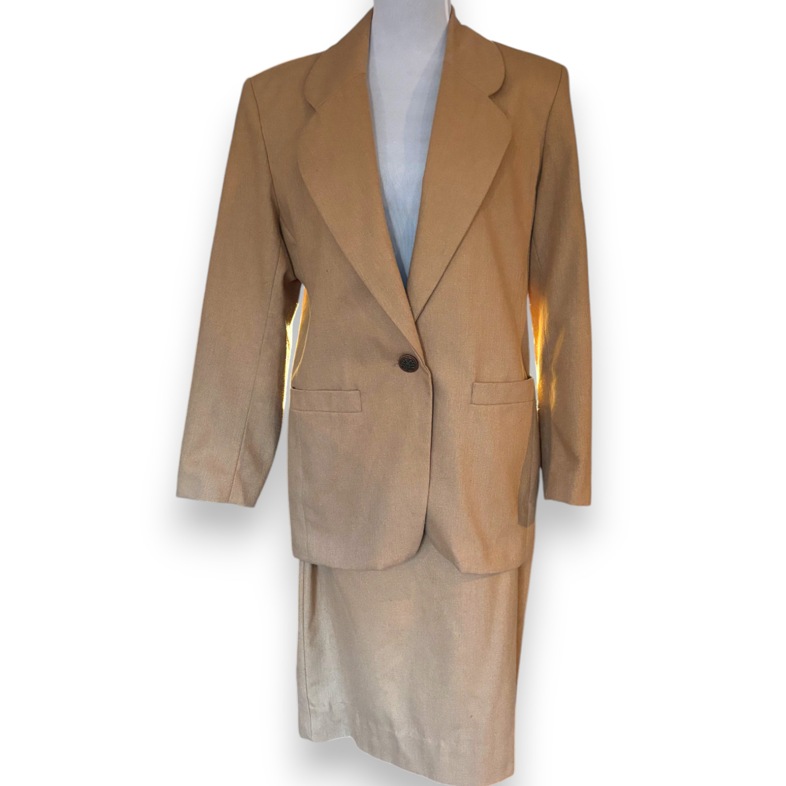 Oui Petites by Tan Jay Vintage 80s brown wool blend blazer skirt suit set sz 10P