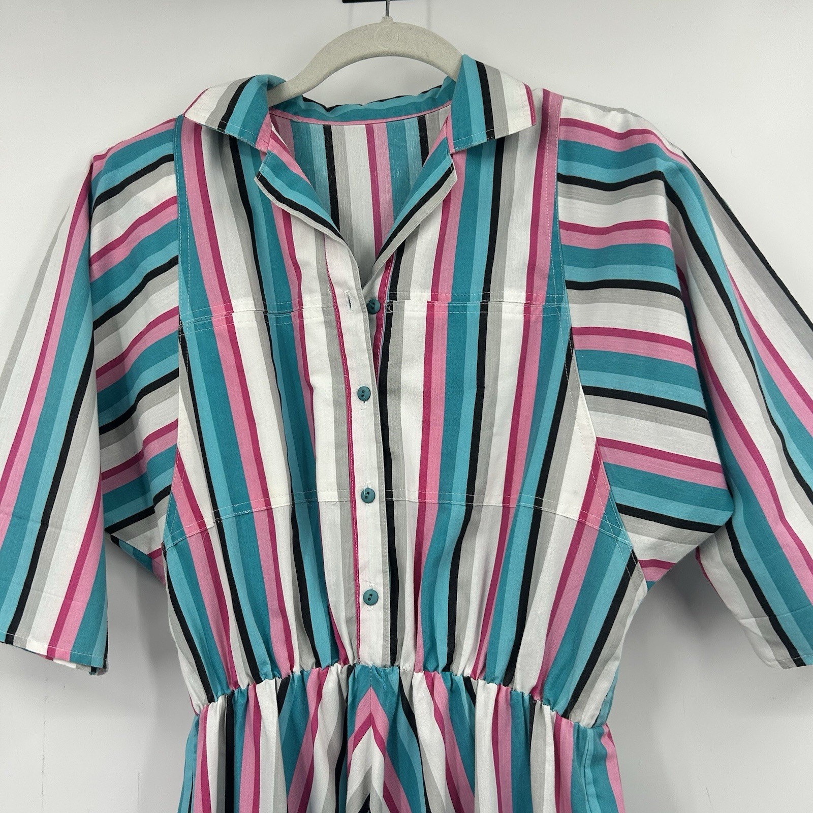 Vintage 80s 90s Striped Midi Dress Womens Shoulder Pads Pockets Colorful Retro L