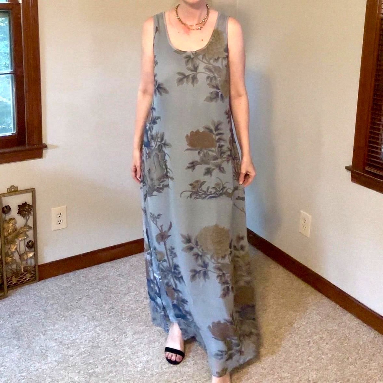 Vtg 90s Citron Santa Monica Silk Floral Maxi Dress Pale Blue Floaty Romantic M