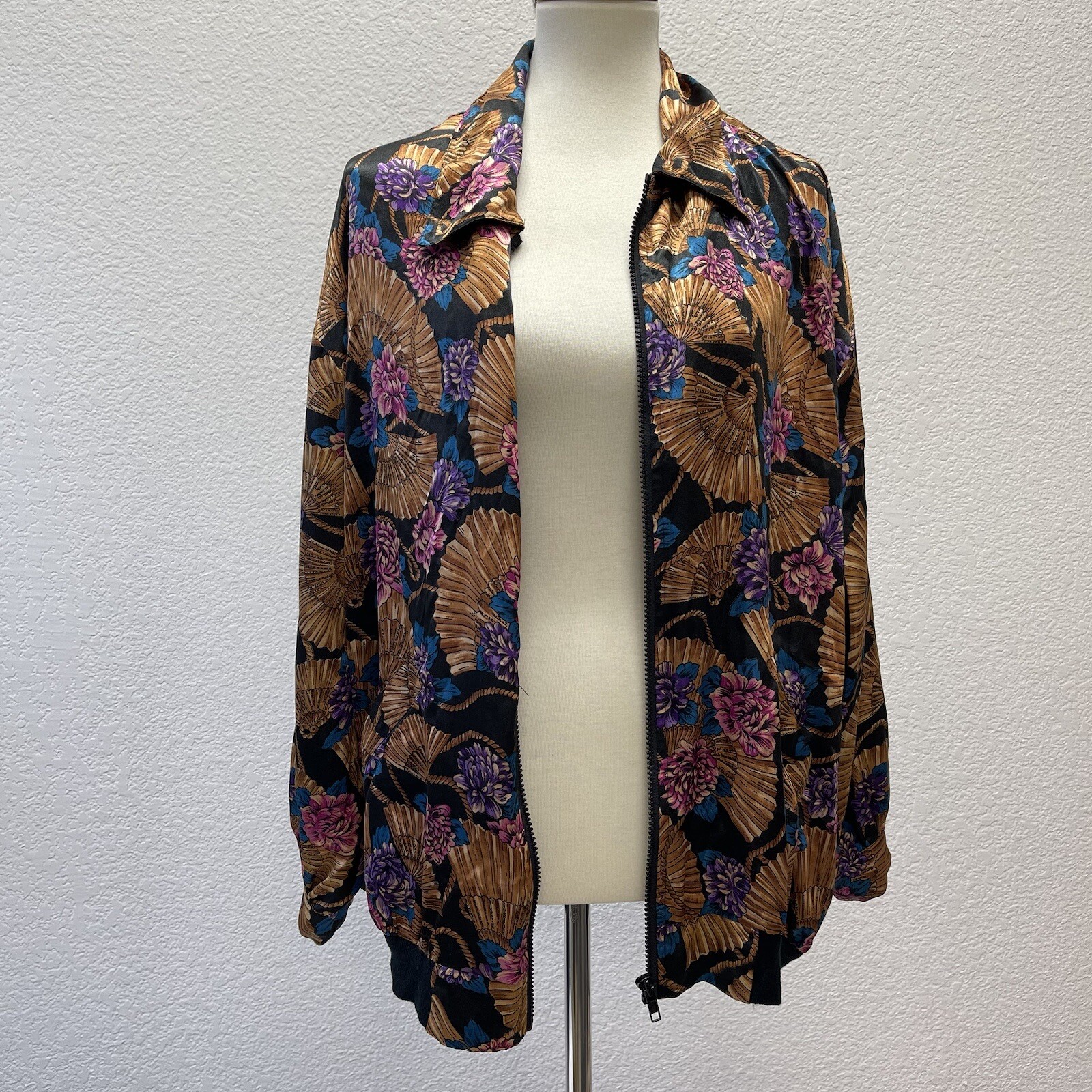 Jordan II Womens Vintage Silky Jacket Asian Inspired Fans Gold Purple Blue