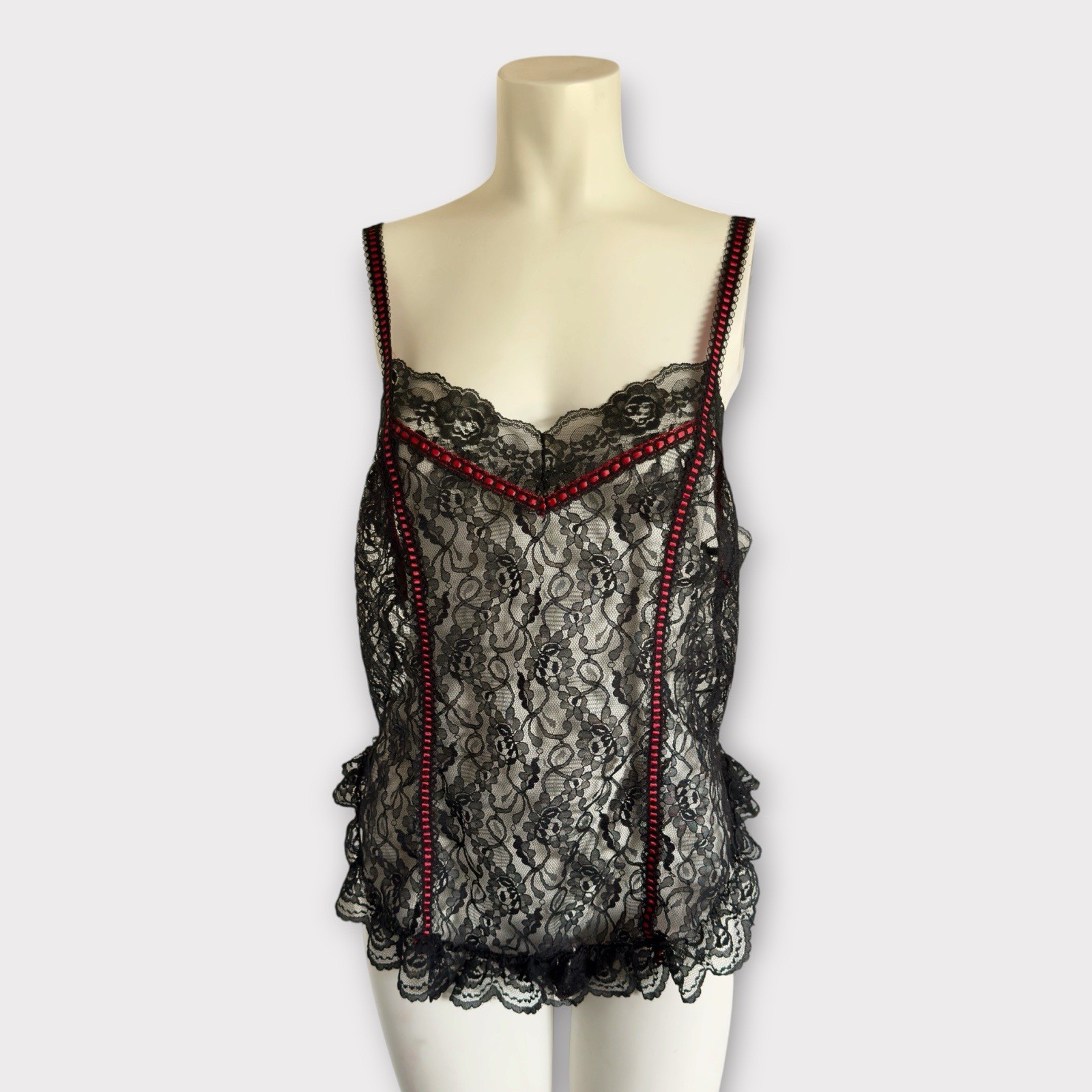 Vintage 80s Black Lace Bodysuit Red Bead Trim Ruffle Teddy Lingerie Fits Sz M