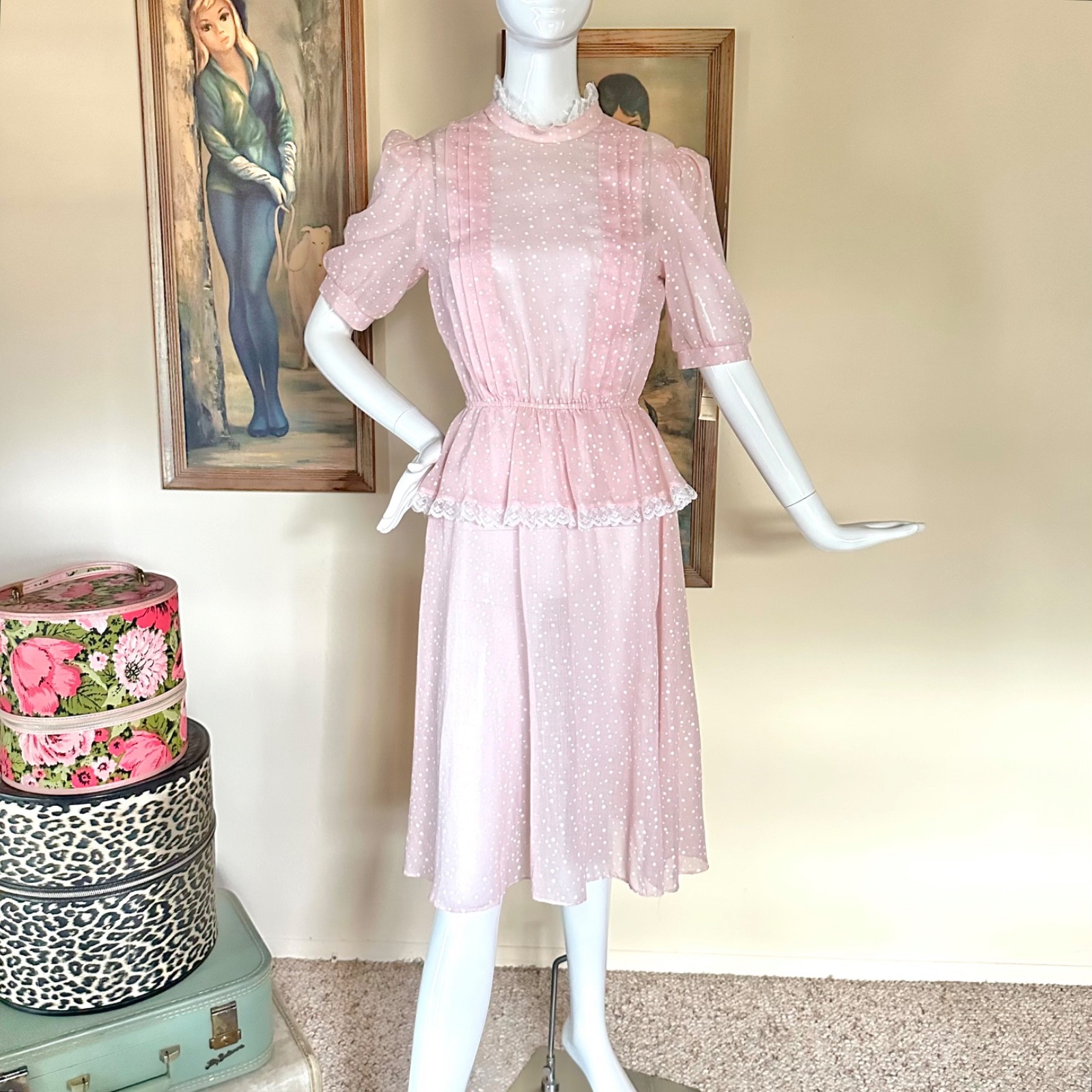 Vintage 1980s New Wave Valley Girl Pastel Pink Polka-dot Peplum Dress S/M