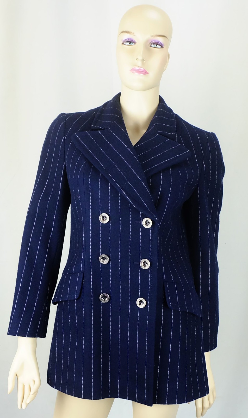vintage blazer jacket size M dark blue pinstripe 70s jacket