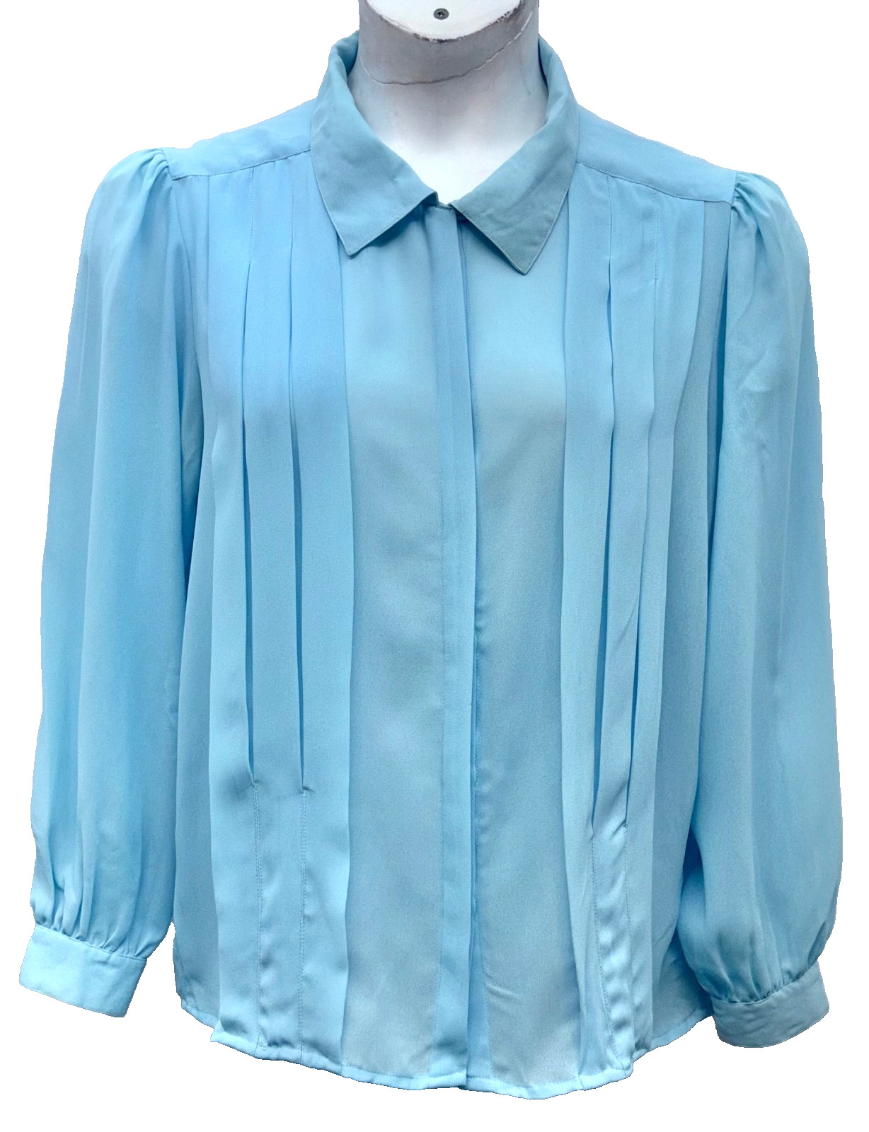 VTG Joan Harper Women Size 16 Button Up Long Sleeve Chiffon Top Baby Blue Pleats