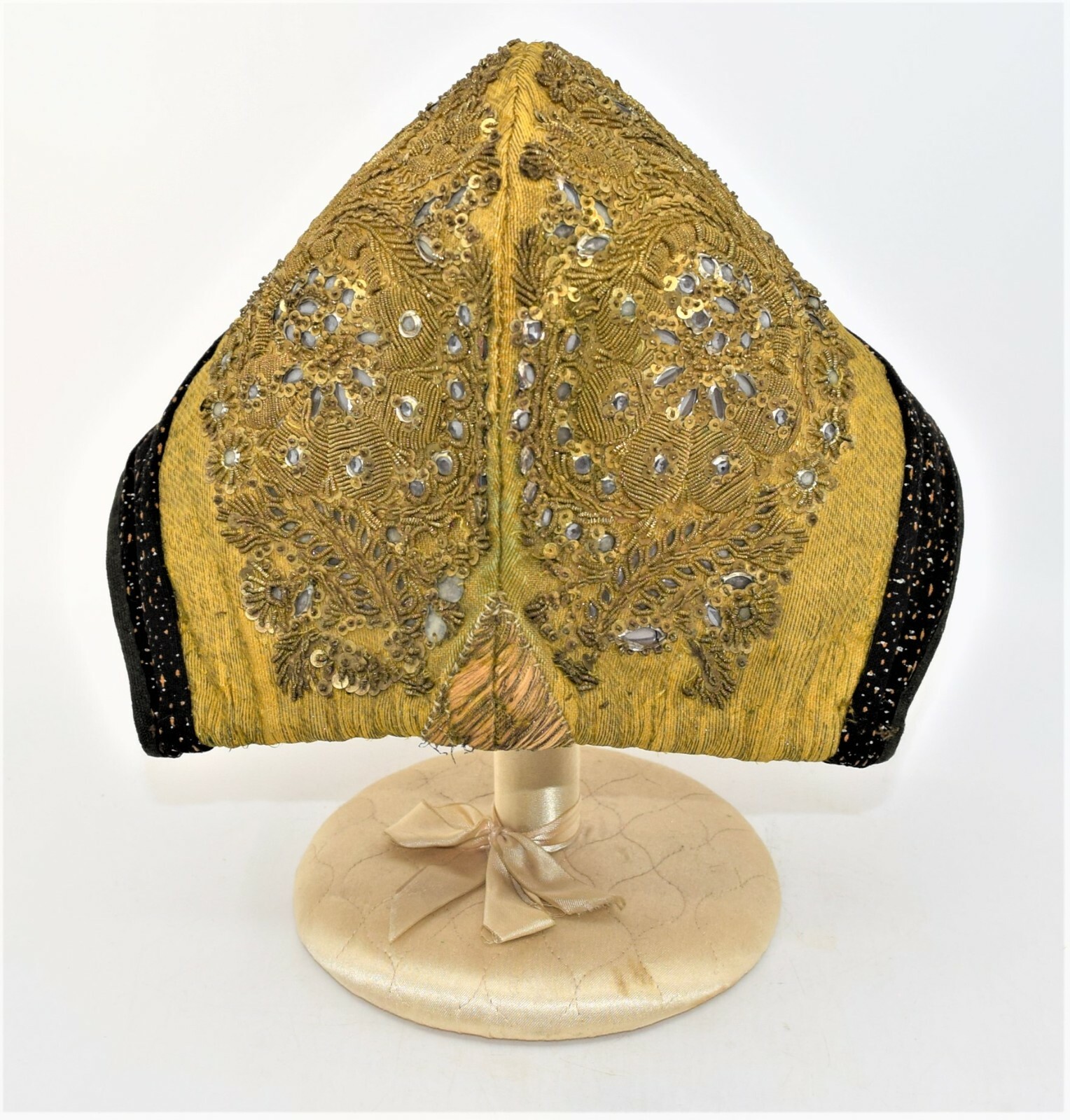 Antique 18th Century Beaded Woman’s Gold Hat Coif Hand Painted Trim European