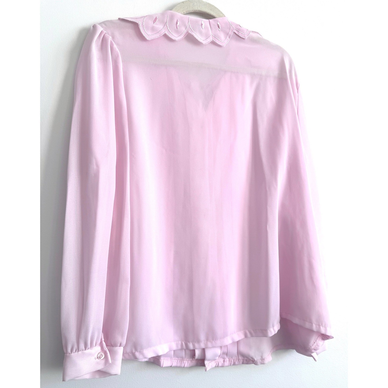 Vintage 80s Pink Pleated Embroidered Blouse Cottagecore Coquette Style Size L
