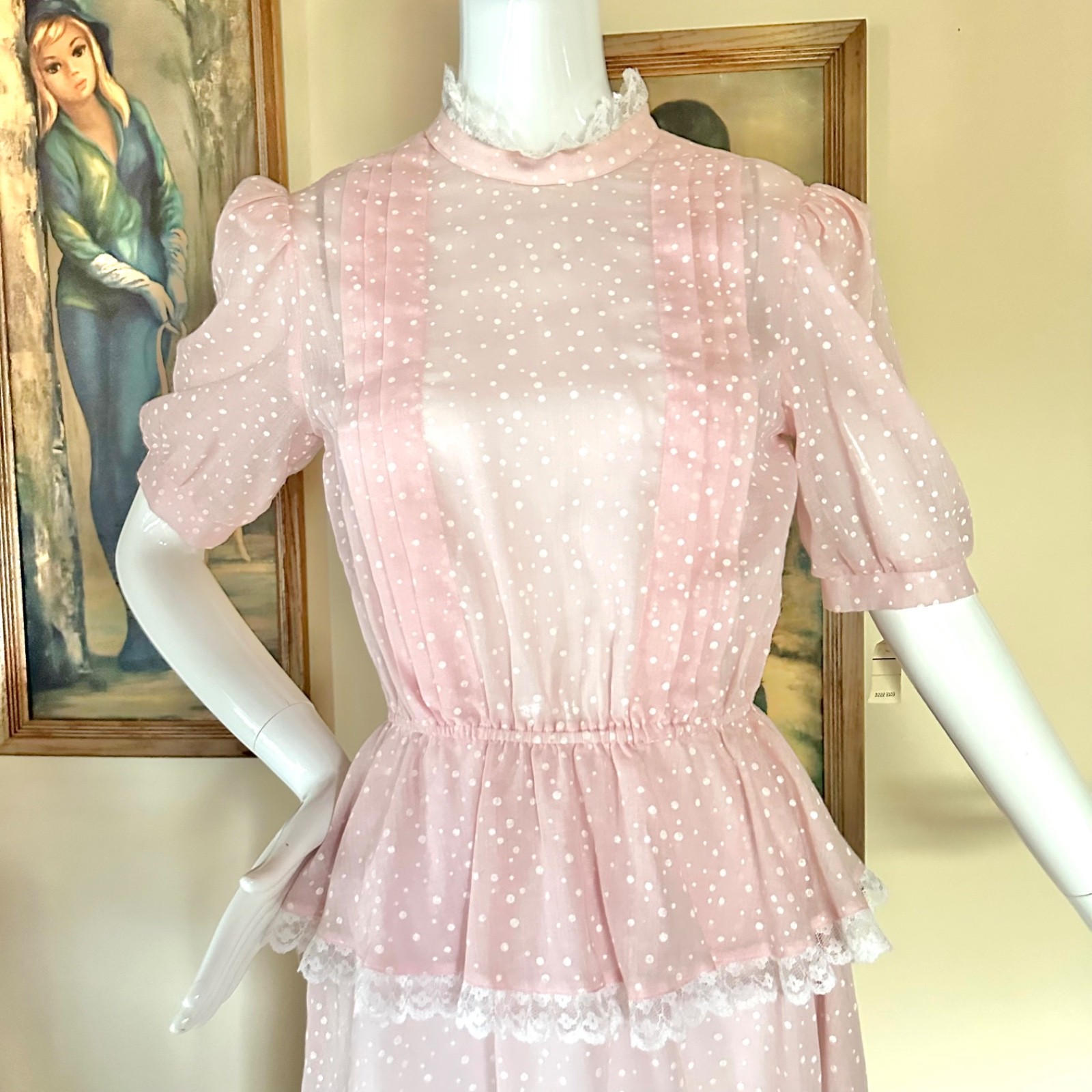 Vintage 1980s New Wave Valley Girl Pastel Pink Polka-dot Peplum Dress S/M