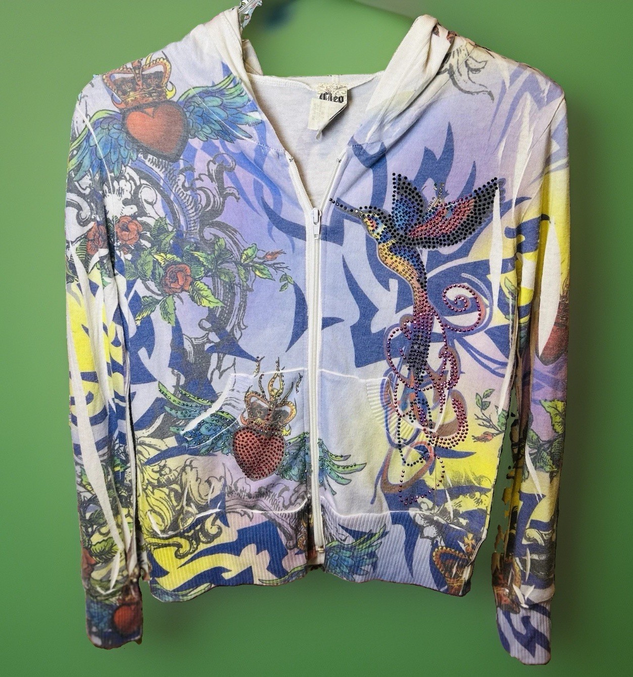 VIN Cleo Y2K Tattoo Print Hoodie Rhinestone Hummingbird Heart Wings Zip UpJacket