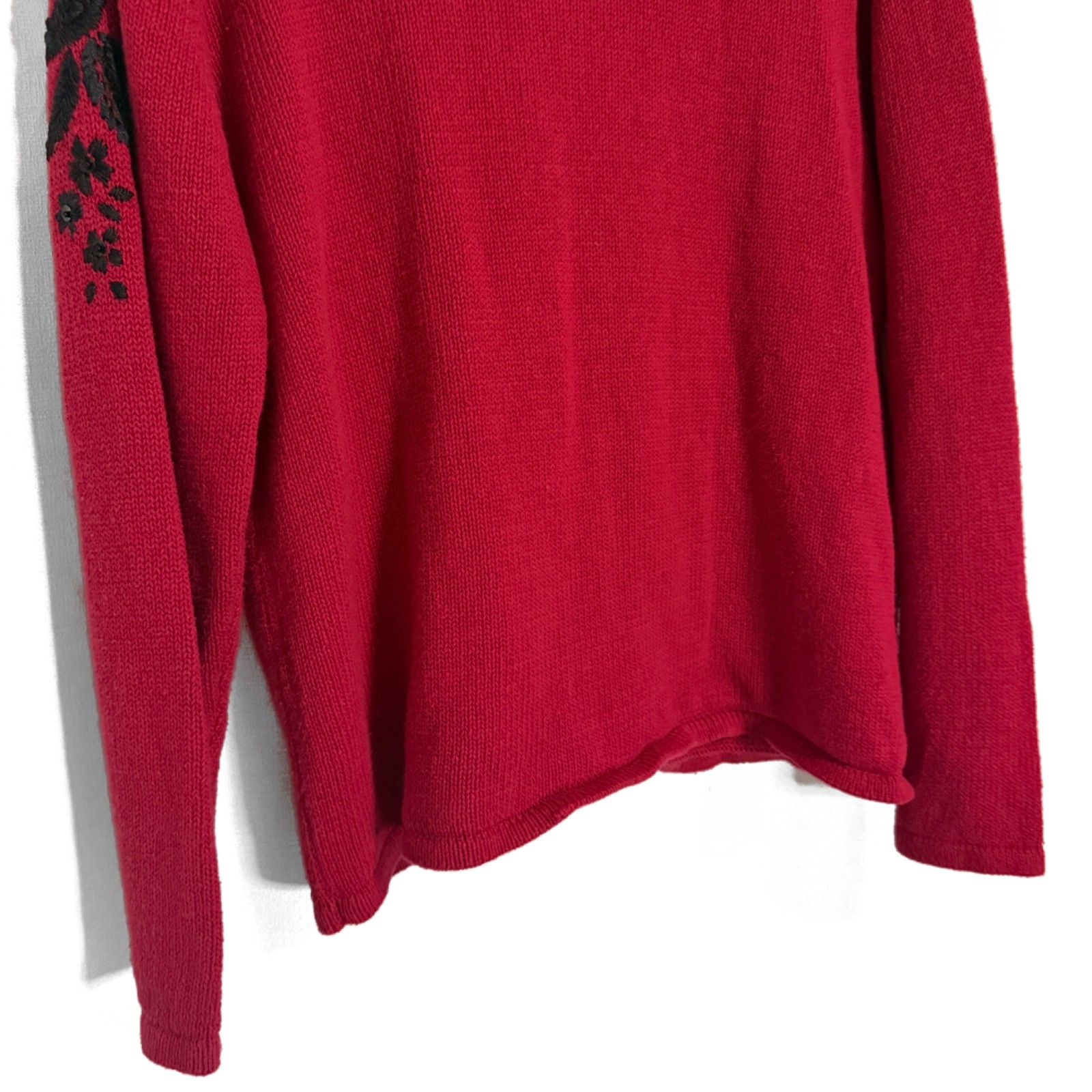 Vintage 90s Red Pinup Cardigan With Black Floral Embroidery and Beading Size M