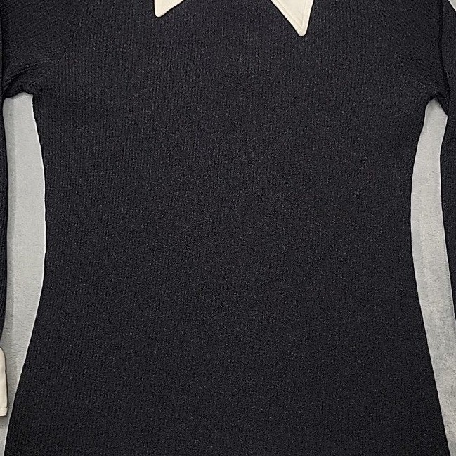 VTG Joanna Shirt Womens 14 Black Long Sleeve Contrast Dagger Collar Made In USA