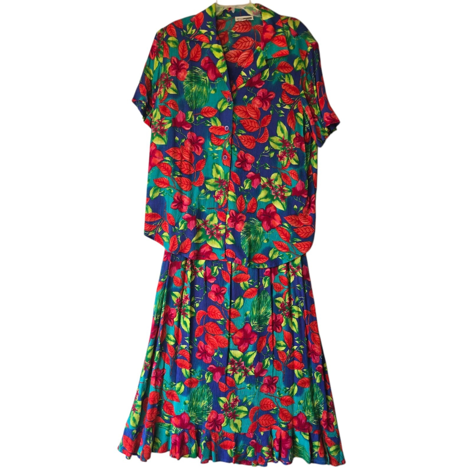 Vintage C.M Shapes 1980 Vibrant Gloral Pattern Skirt And Button Down Top 1X
