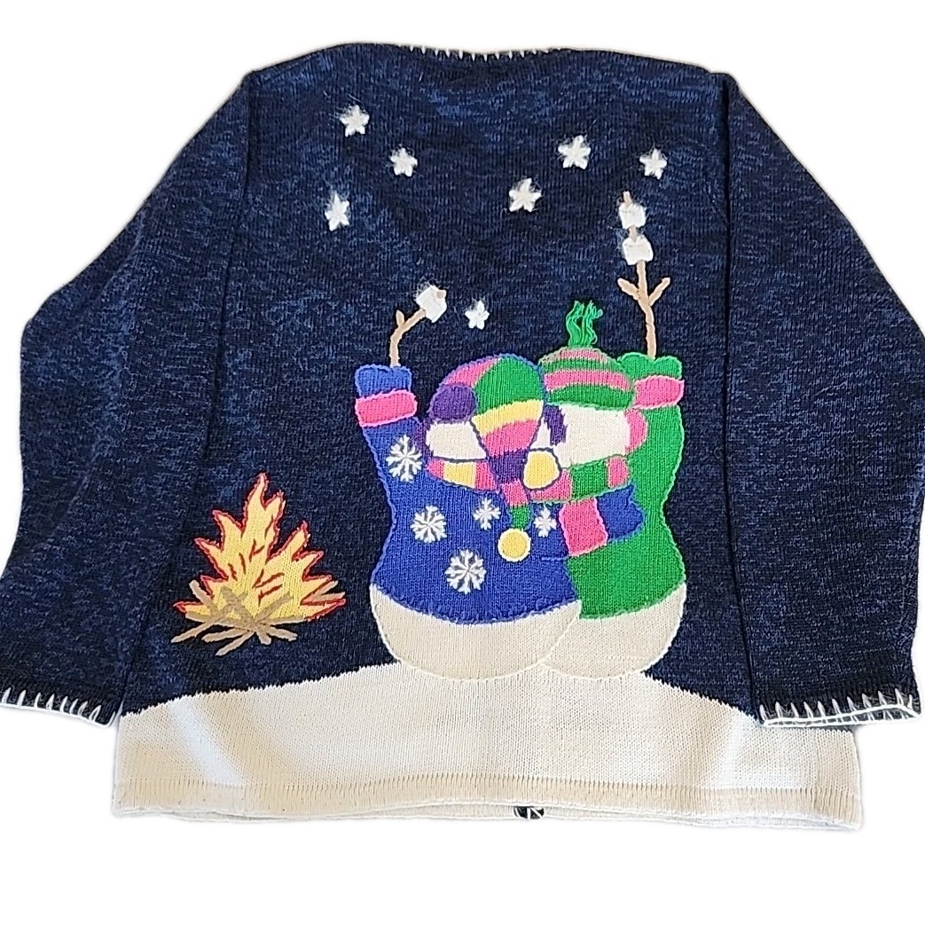 Vintage The Quacker Factory Holiday Christmas Snowman Blue Cardigan Sweater L