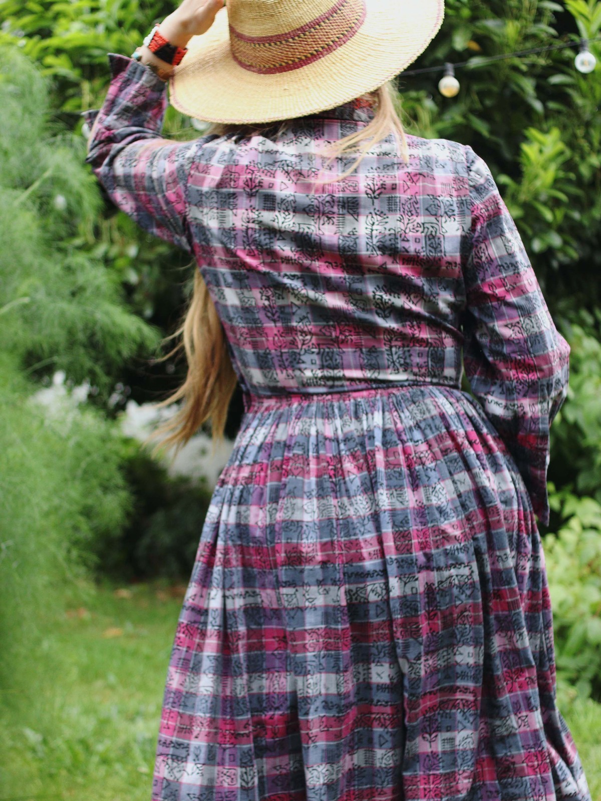 VTG 1950s Shirt Dress Madras Plaid Cotton Indian Tapestry Block printed Collared