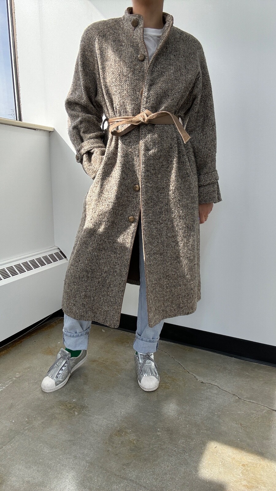 VTG 70s/80s Wool Blend Tweed Full Length Coat with Matching Scarf Set: Size M