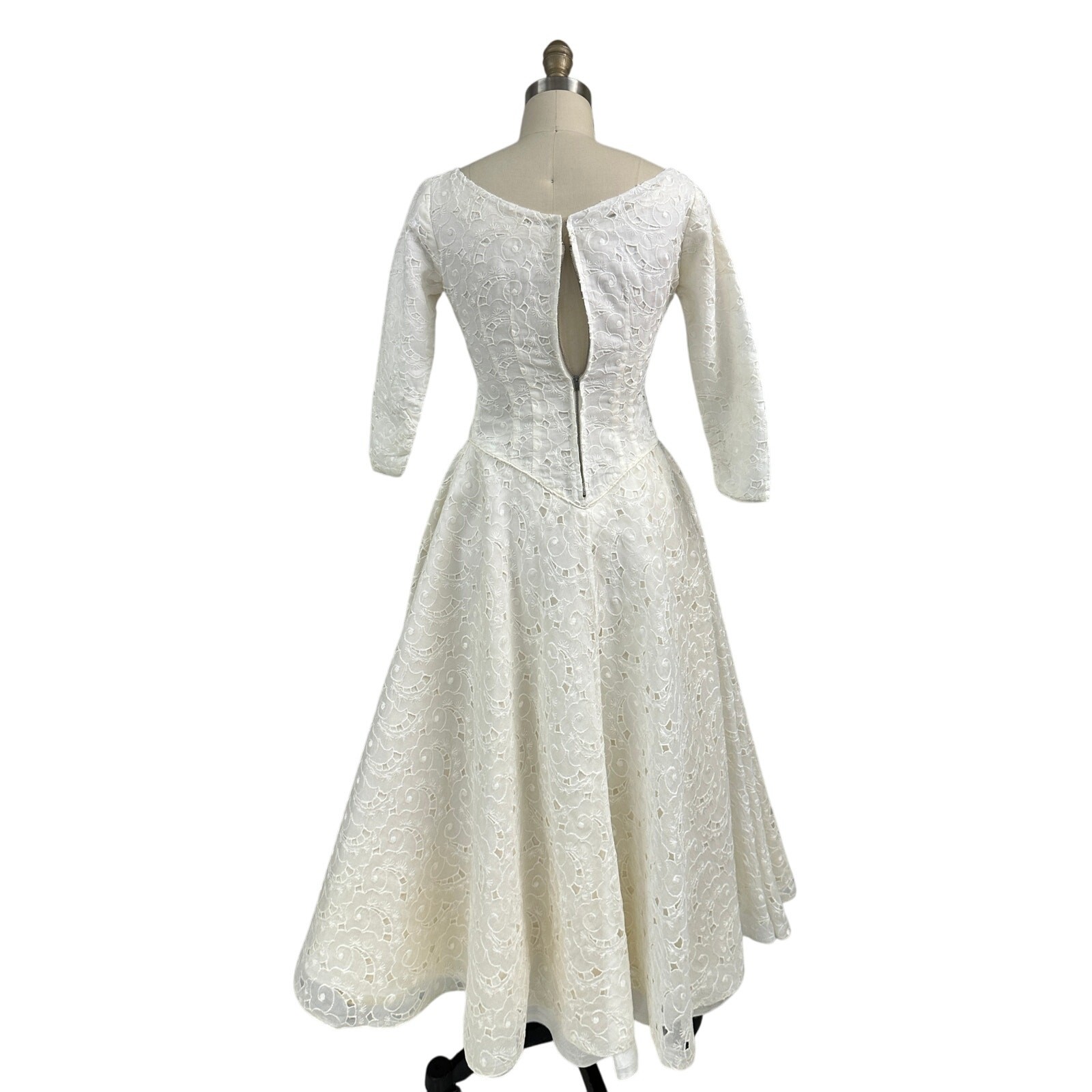 Vintage 1950s Creamy White Organdy Fit & Flare Dress Wedding Gown XS S