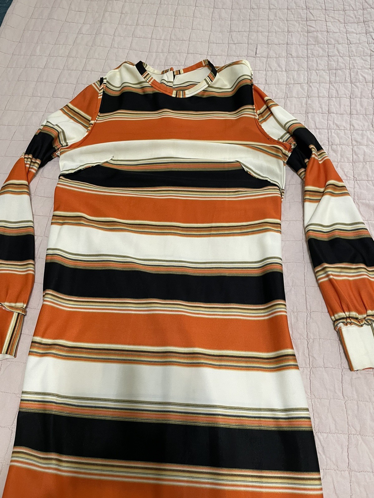 Hand Sewn Vtg 70s Midi Dress Orange Brown Yellow Sm/6 Long Sleeve Back Zipper **