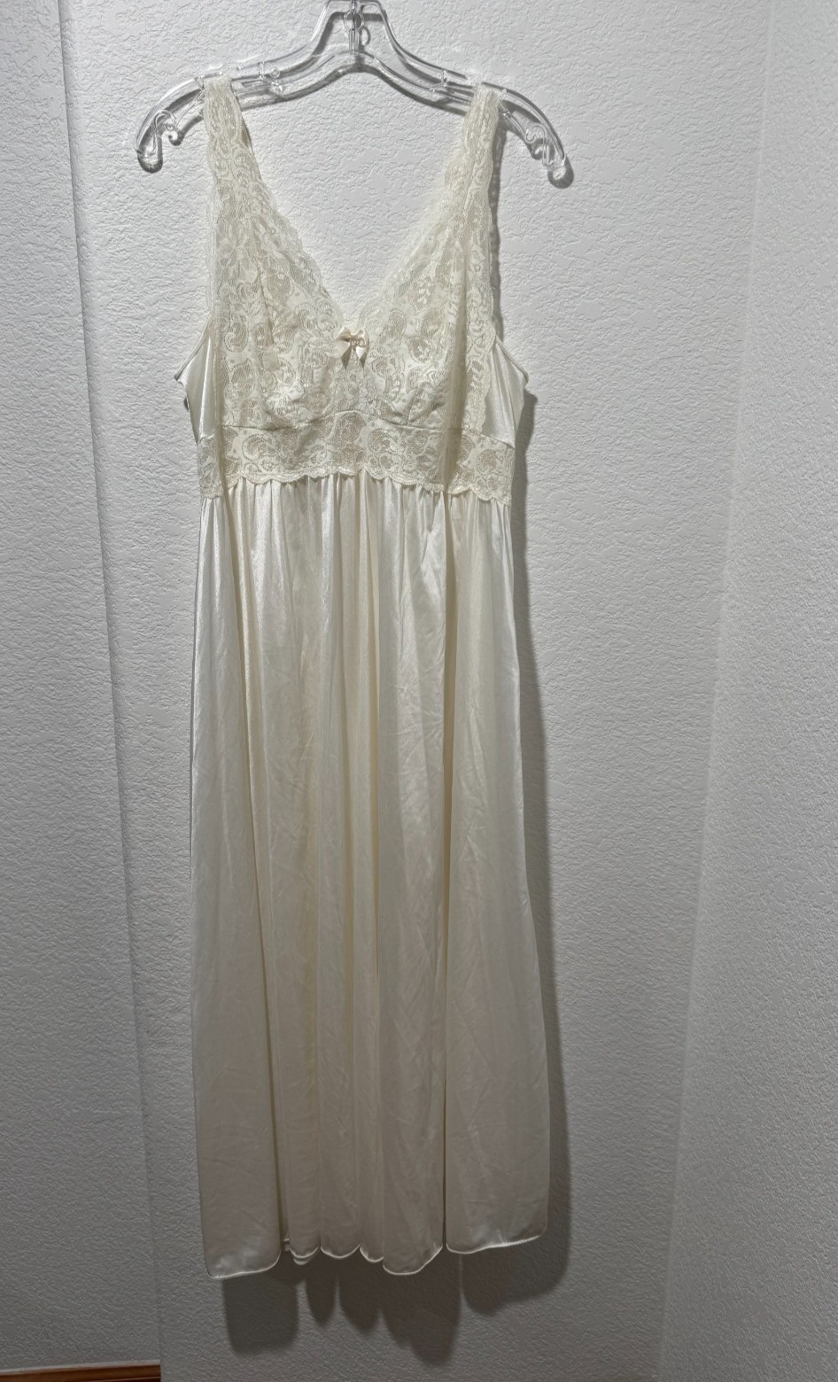 Vtg Shadowline Nightgown Slip Dress Full Sweep Maxi Lace Sz L Nylon Ivory Bridal