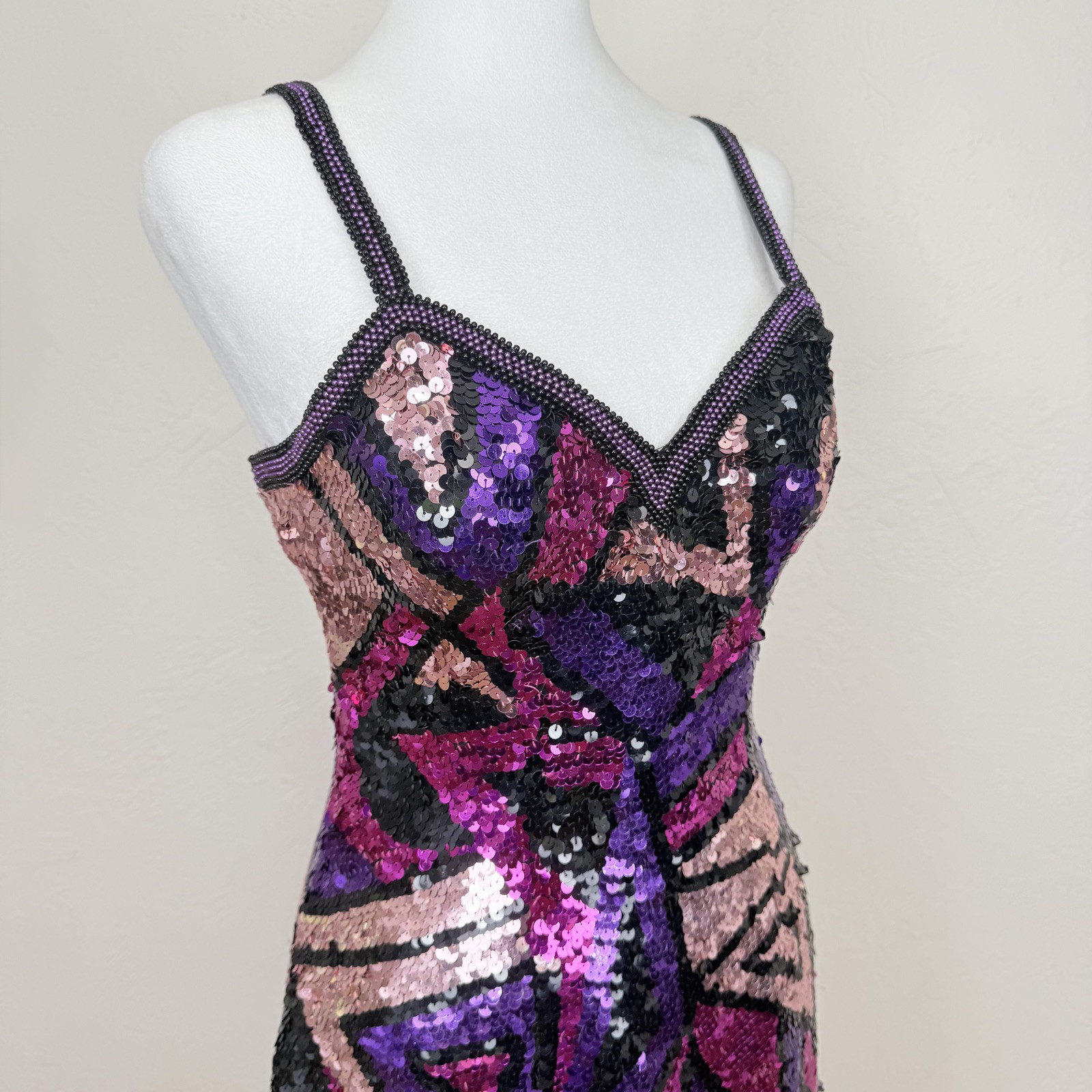 Vintage 1980s Silk Multicolor Fully Sequined & Beaded Dress by Susan Rose Size 8