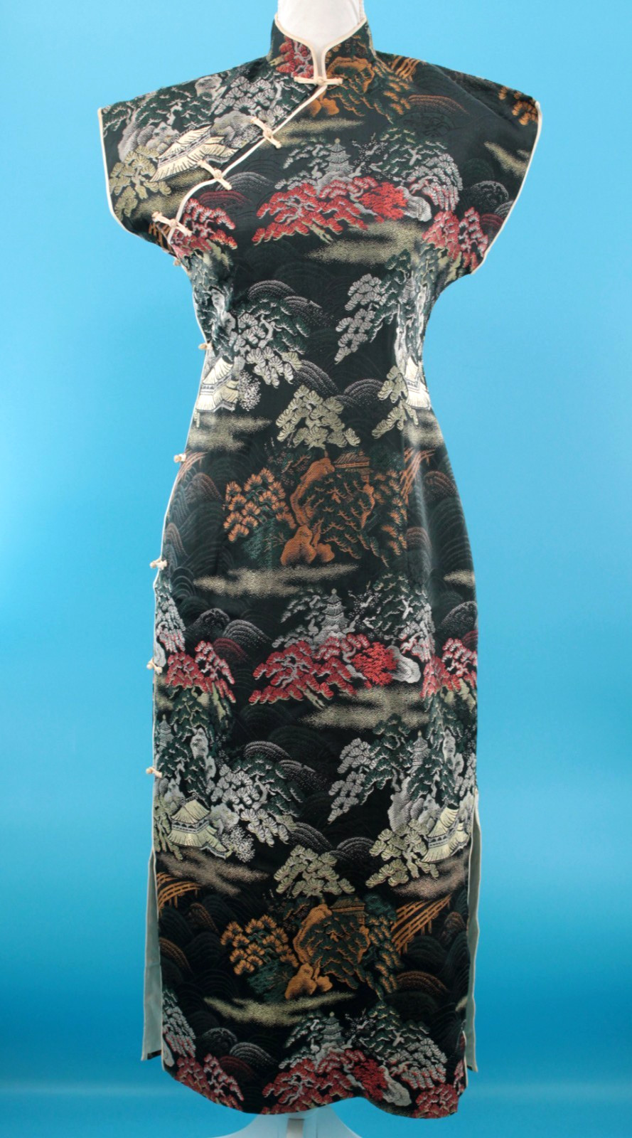VTG Women’s 50s Black Multi Color Brocade Cheongsam Dress Sz S/M 1950s Jacquard