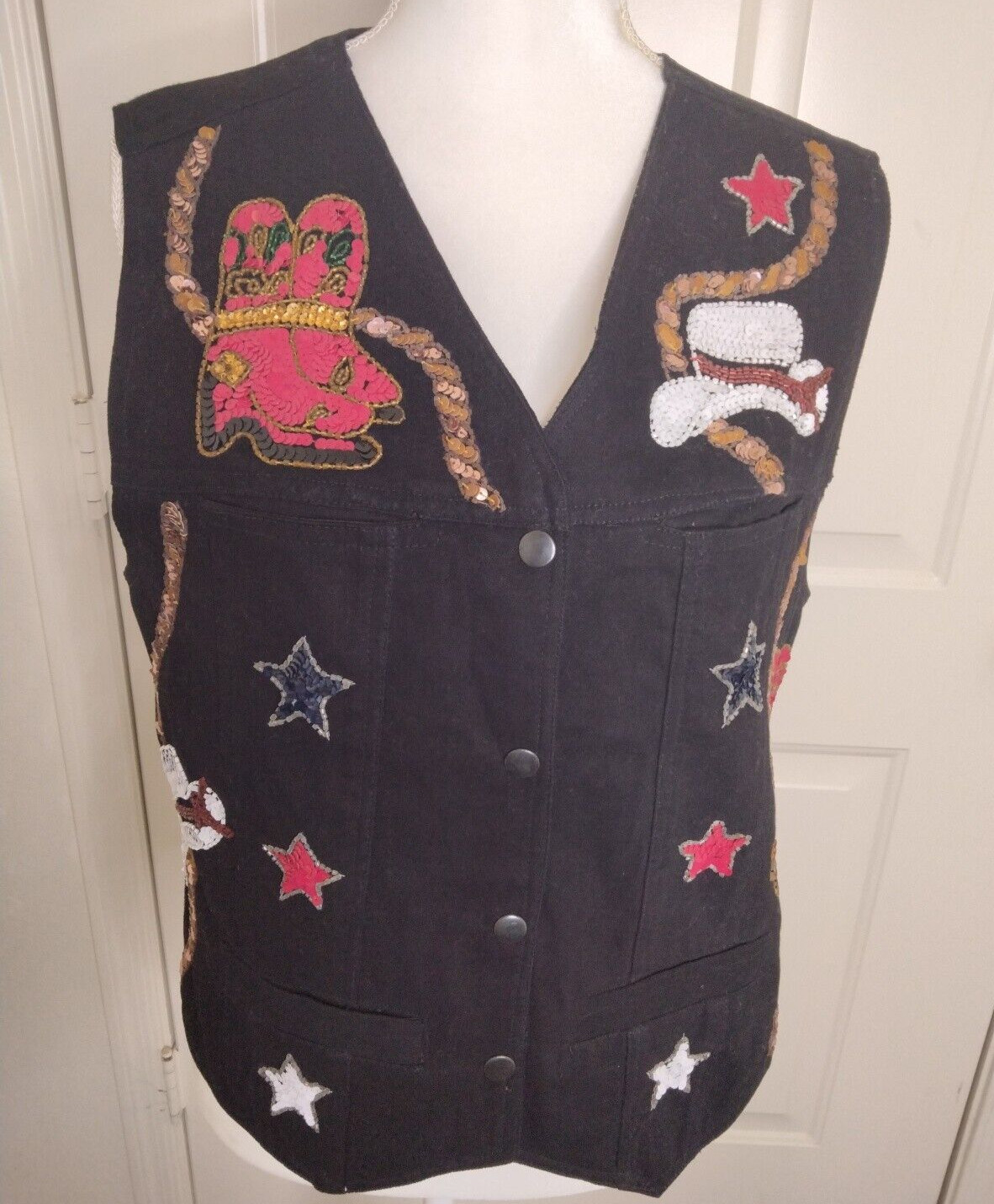 Modi Black Denim with Western Sequin Boots Cowboy Hat Stars Vest Size Medium