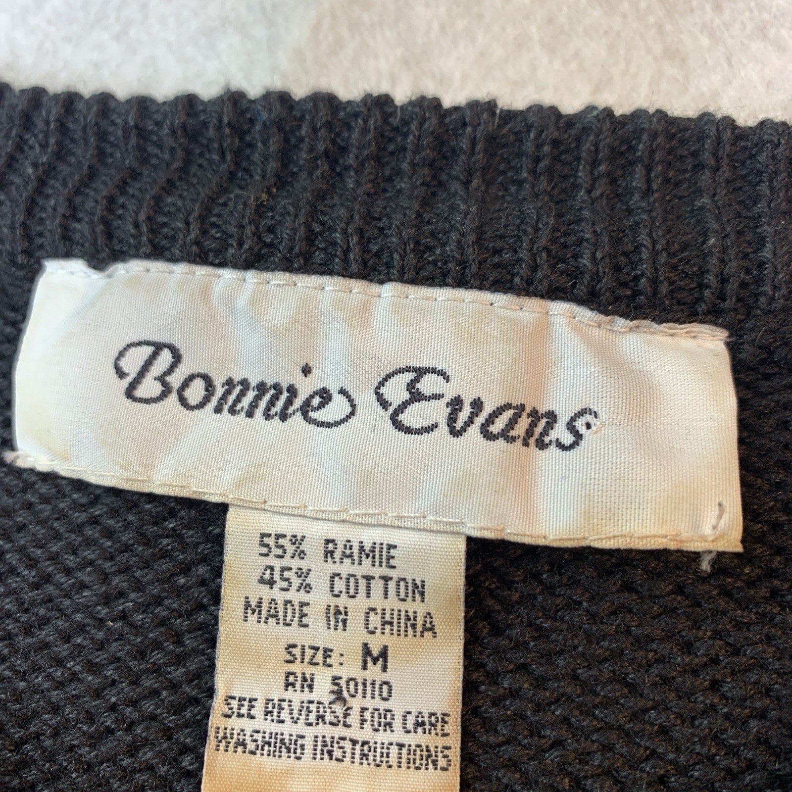 Vintage 80s Black Sweater M Sequin Beaded Neckline Cotton Ramie Knit