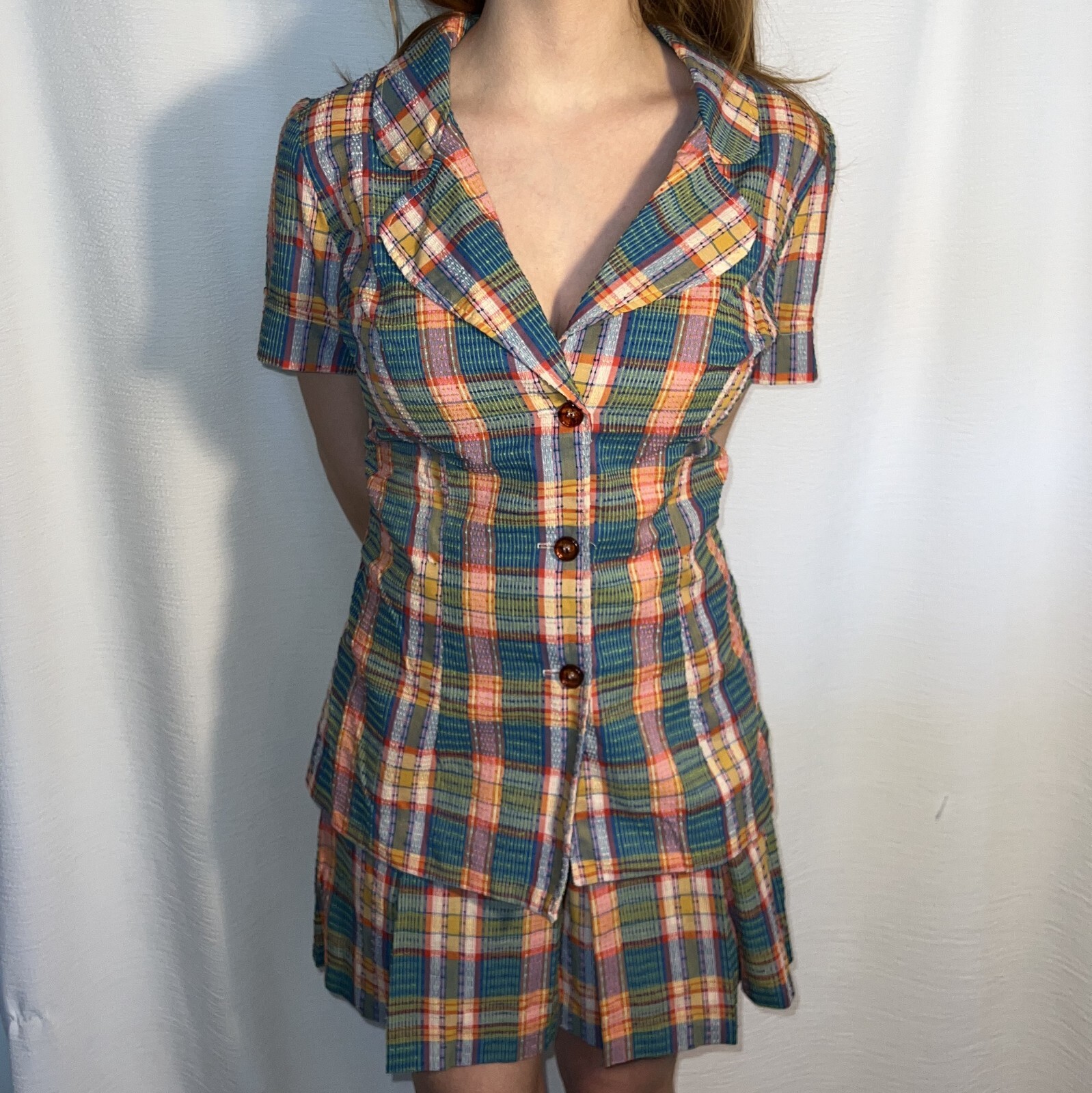 1970s Vtg 2pc Skirt Suit S Multicolored Nubby Plaid Short Sleeve Miss Pat w Belt
