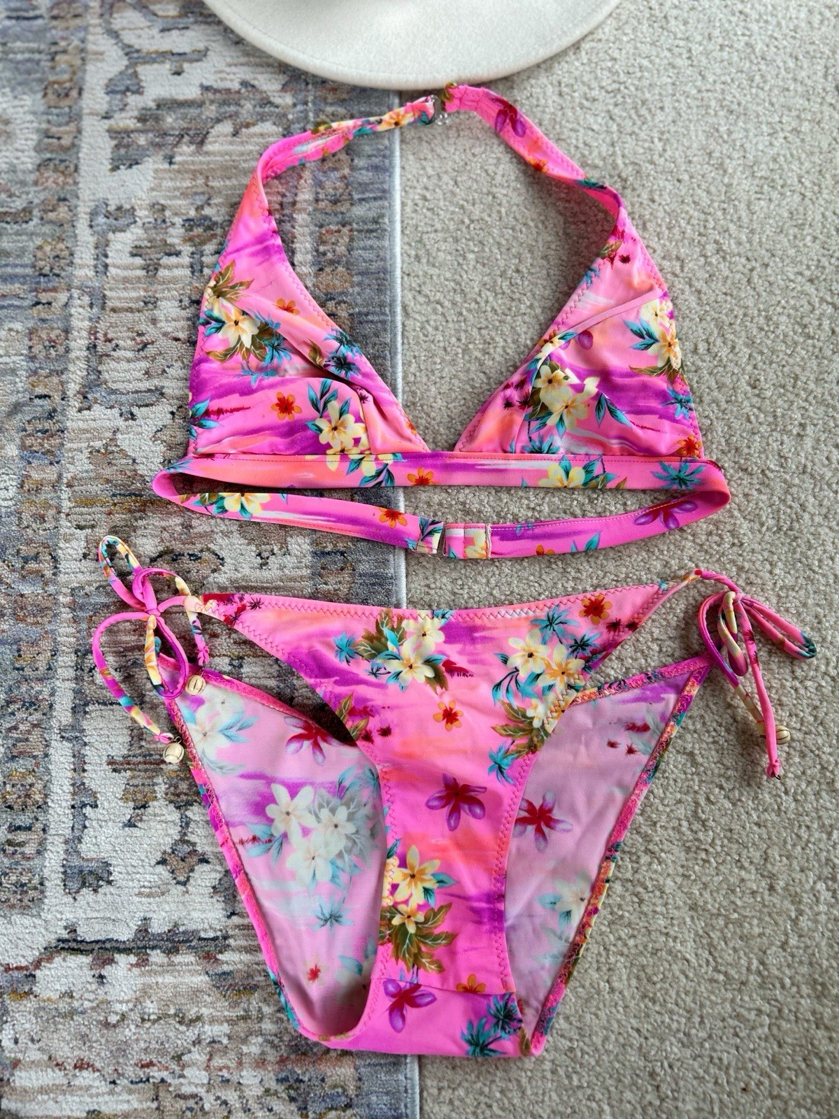 VTG Y2K California Waves Hot Pink Orange Neon Floral bikini 2pc set M Low Rise