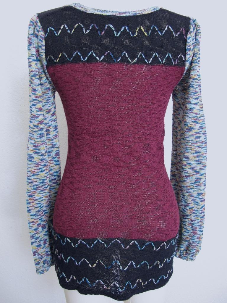 Vintage 90s BKE Mod Tunic Sweater S Mixed Media Embroidery HIppie Burgundy Black