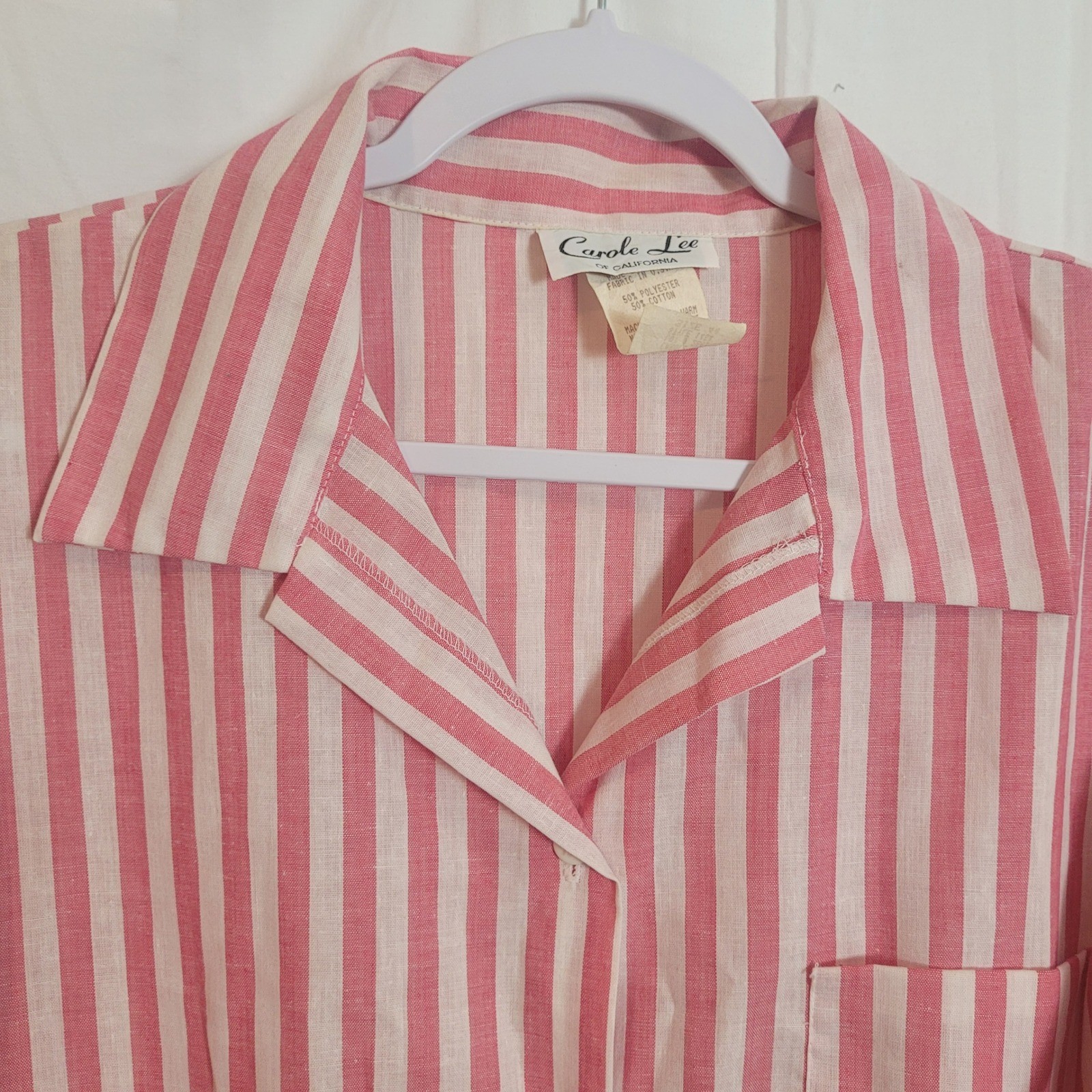 Vintage Carole Lee Pink White Striped Roll Tab Button Down Shirt Size 44 USA