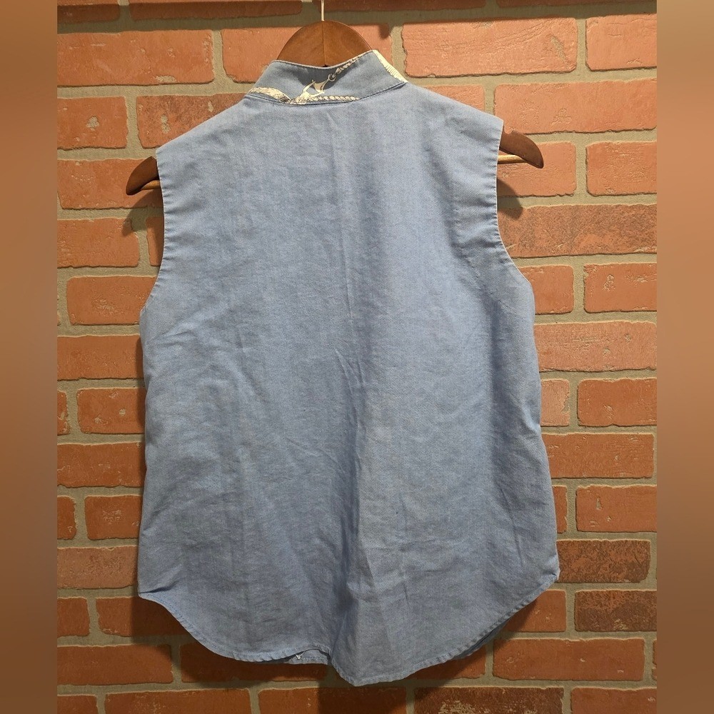 Ali Miles Blue and Cream Button-Down Sleeveless Top Vintage 10 Bin 14